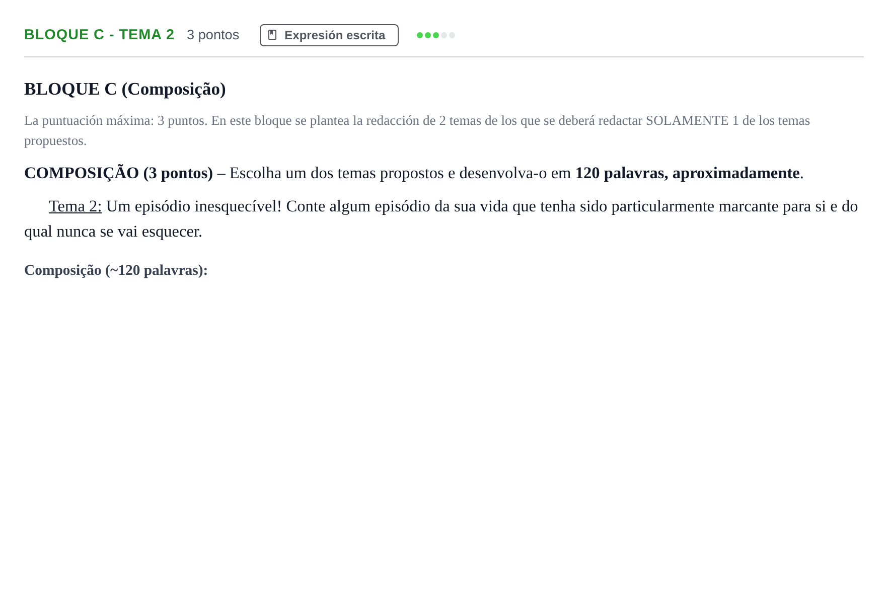 Enunciado: Bloque C - Tema 2 · Portugués PAU Andalucía Examen 5 2020