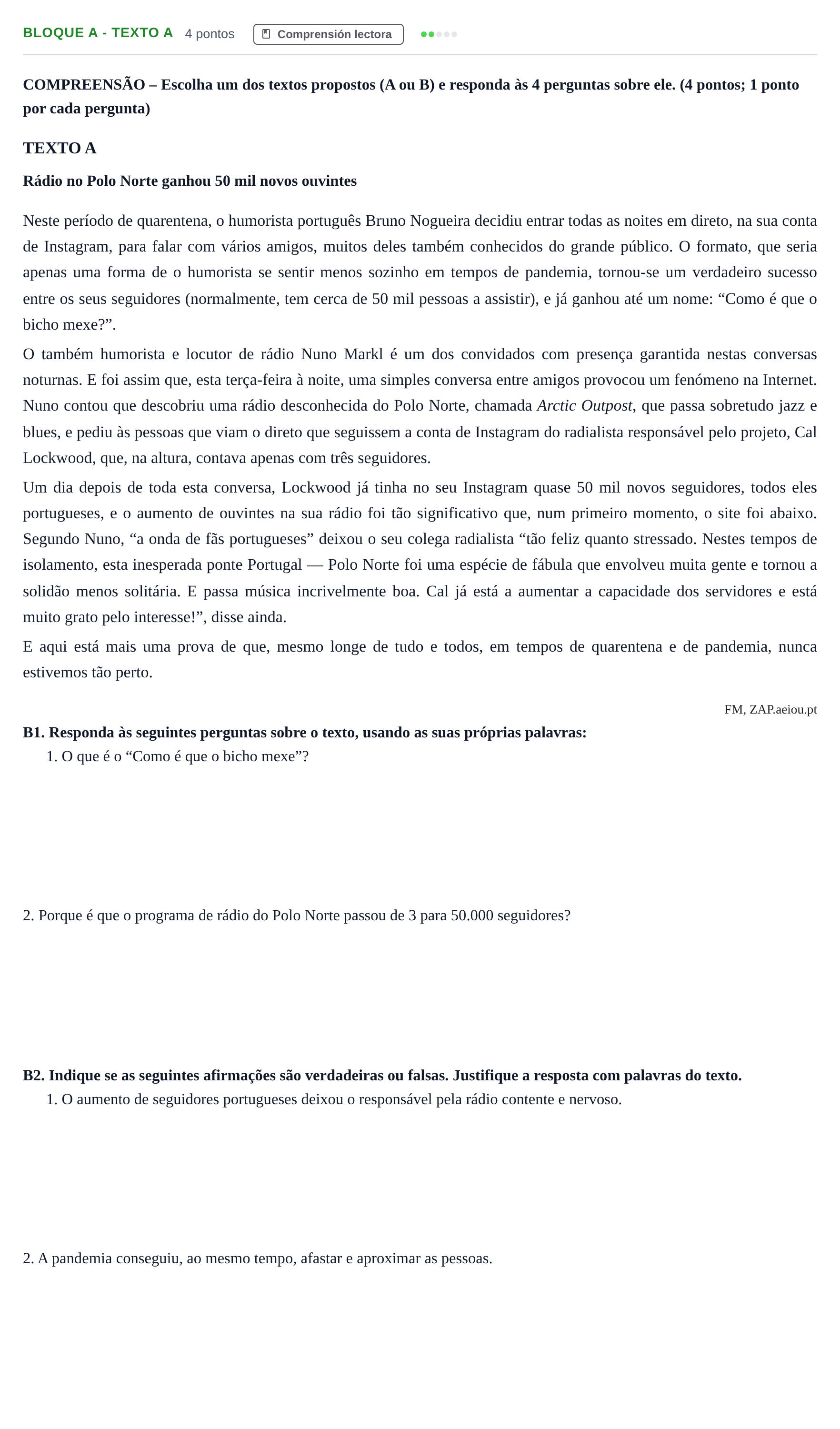 Enunciado: Bloque A - Texto A · Portugués PAU Andalucía Examen 6 2020
