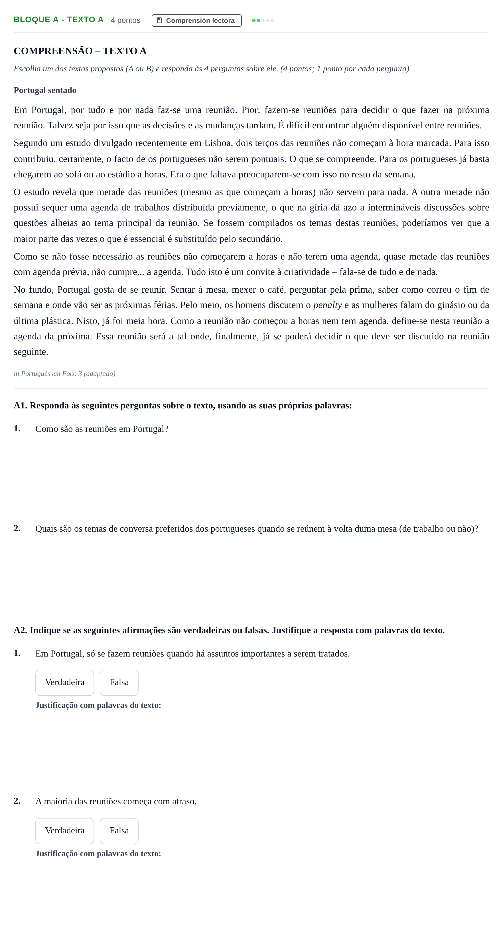 Enunciado: Bloque A - Texto A · Portugués PAU Andalucía Examen 7 2020