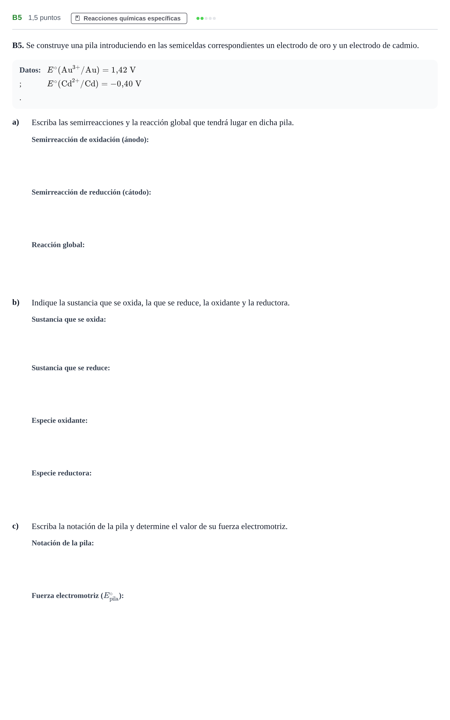 Enunciado: Ejercicio B5 · Química PAU Andalucía Examen A 2020