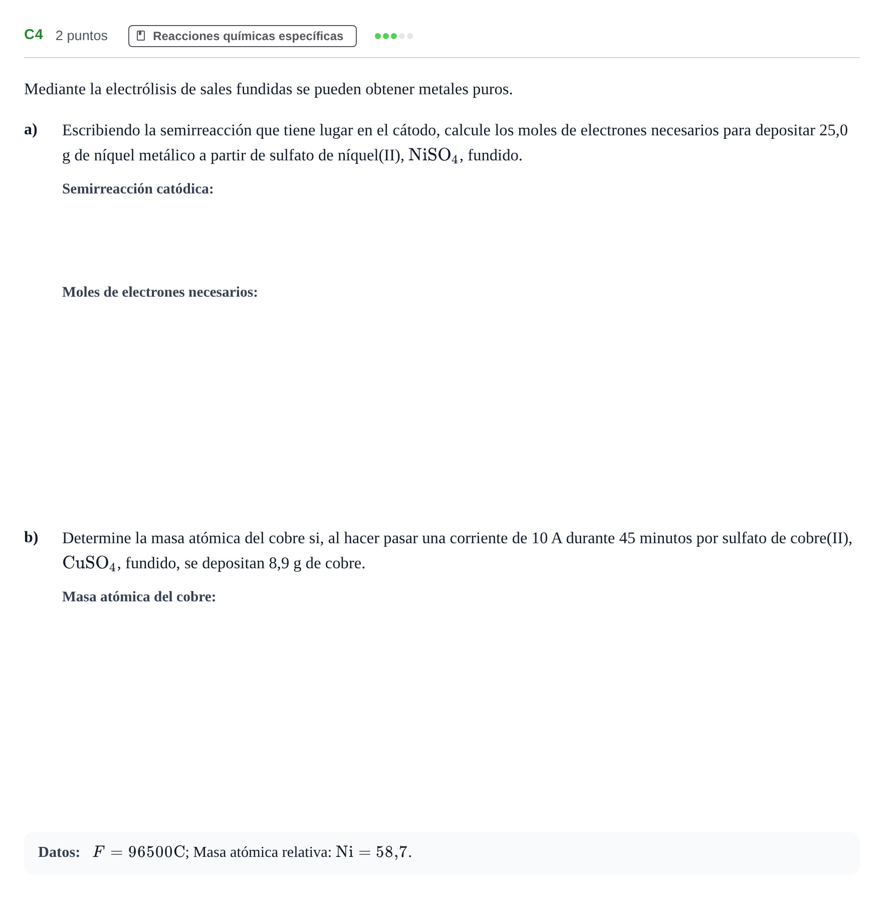 Enunciado: Ejercicio C4 · Química PAU Andalucía Examen A 2020