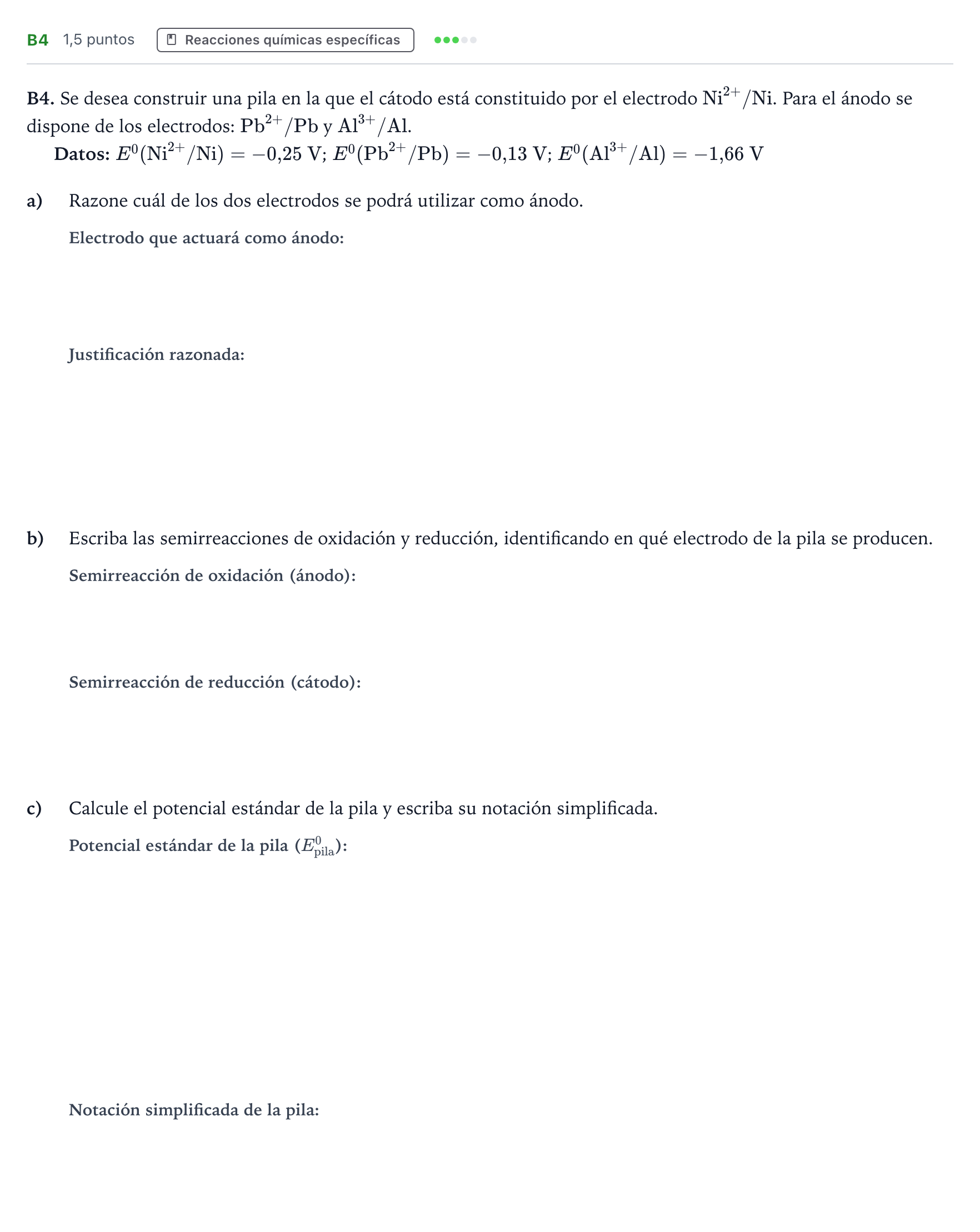 Enunciado: Ejercicio B4 · Química PAU Andalucía Examen B 2020