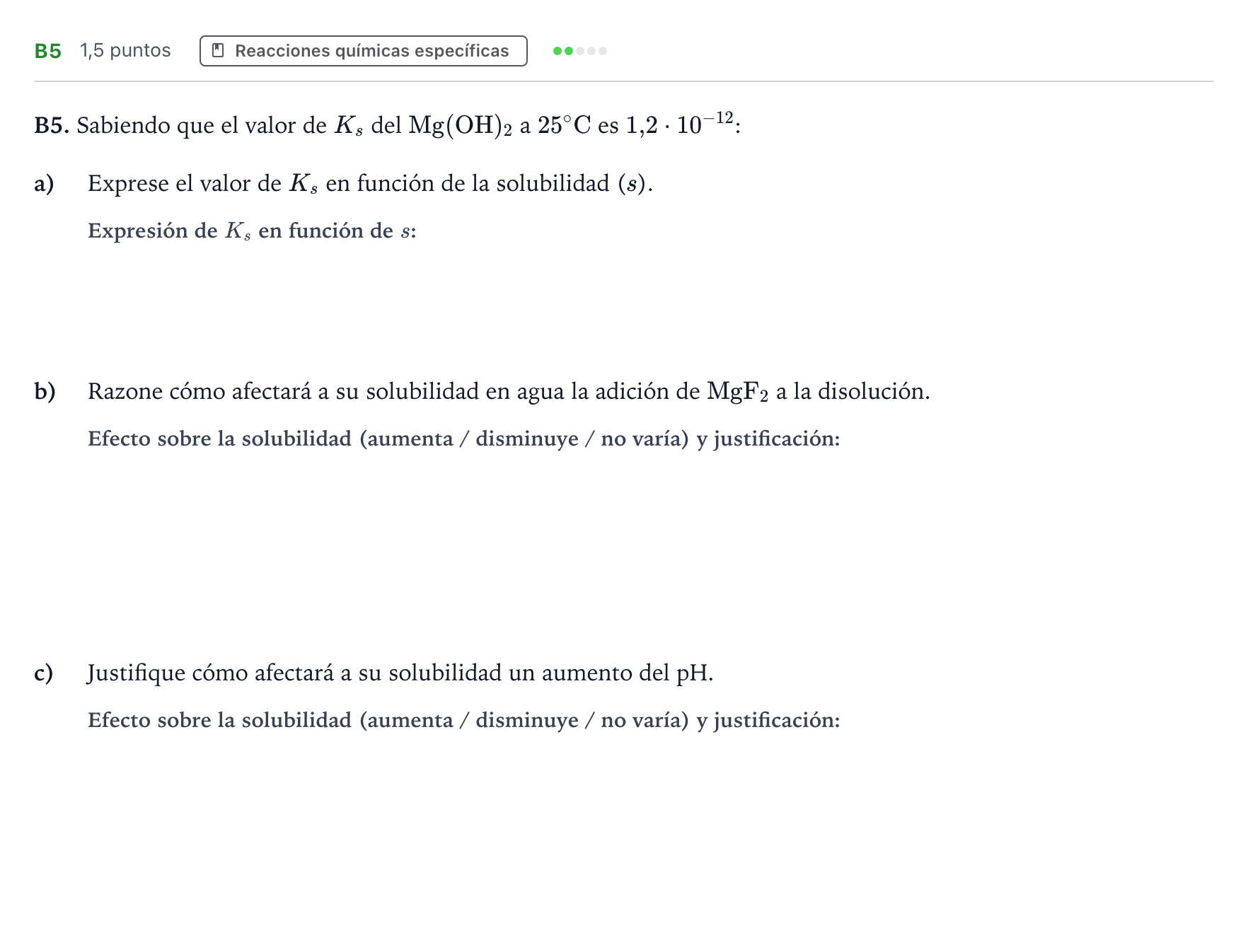 Enunciado: Ejercicio B5 · Química PAU Andalucía Examen B 2020