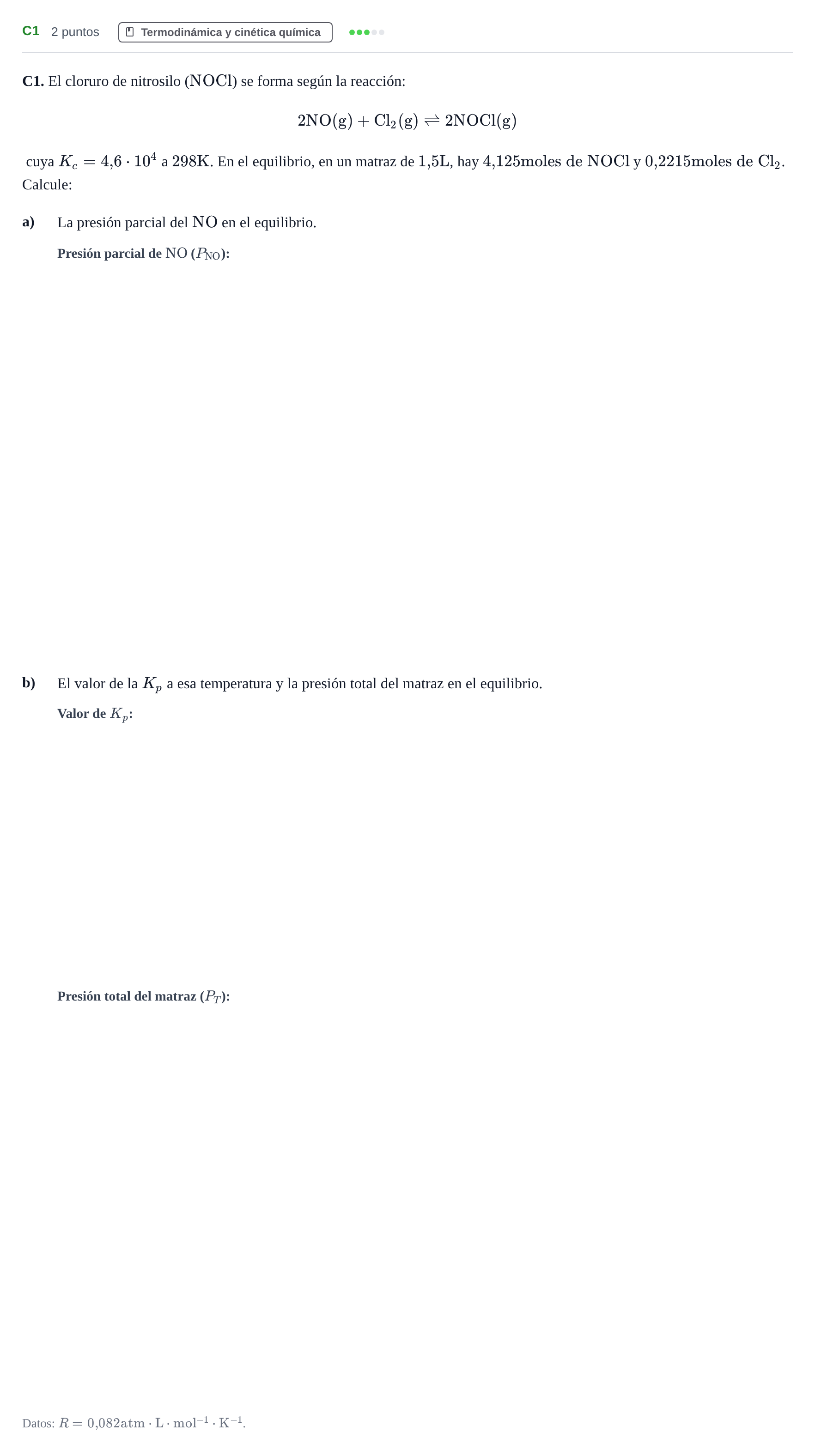 Enunciado: Ejercicio C1 · Química PAU Andalucía Examen B 2020