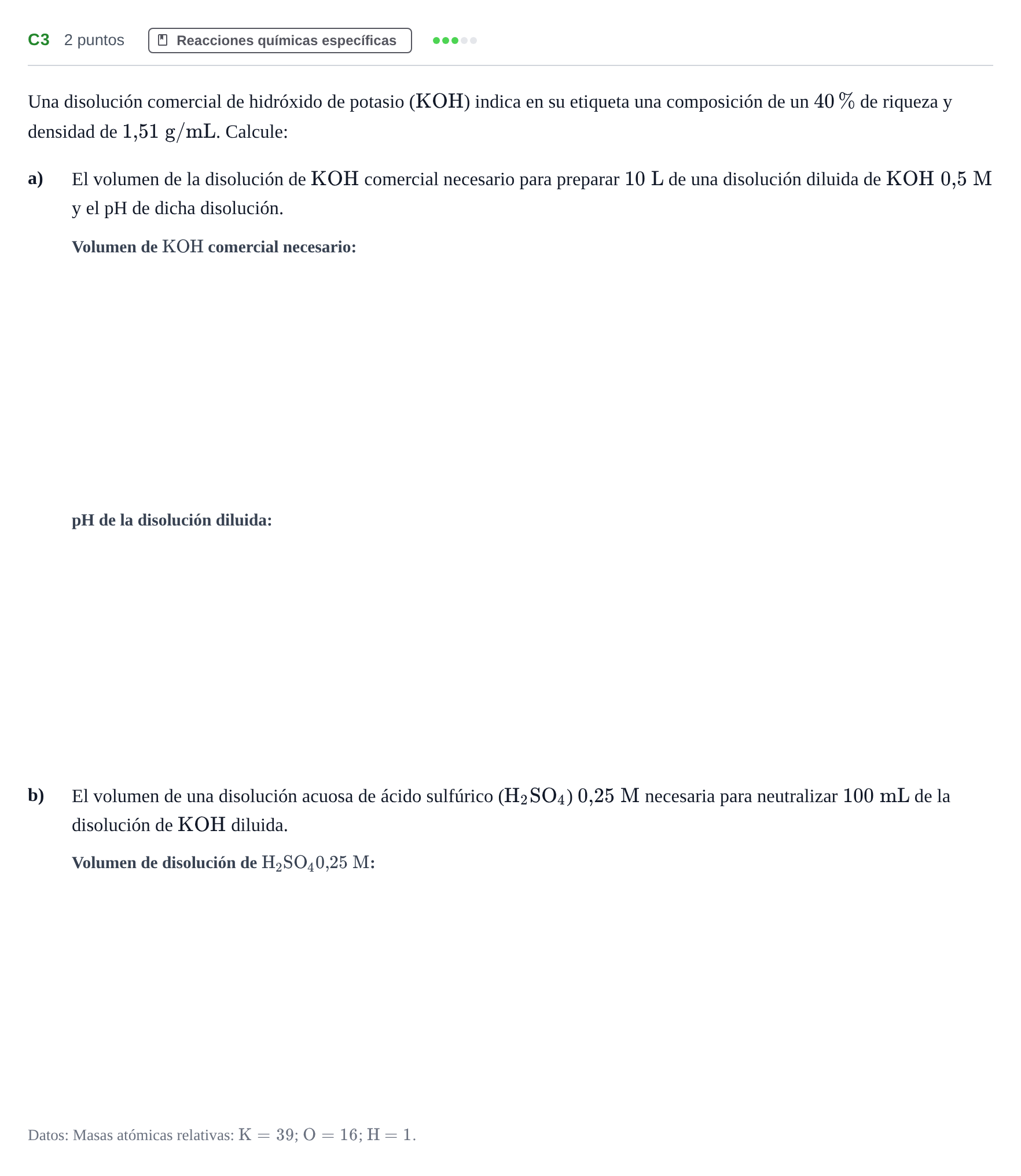 Enunciado: Ejercicio C3 · Química PAU Andalucía Examen B 2020