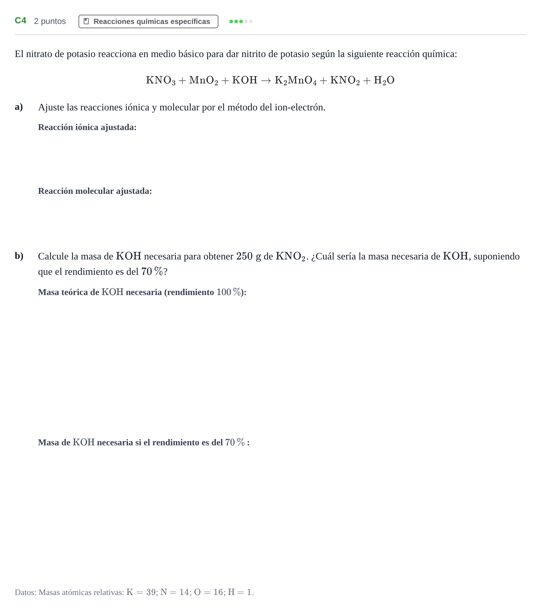 Enunciado: Ejercicio C4 · Química PAU Andalucía Examen B 2020