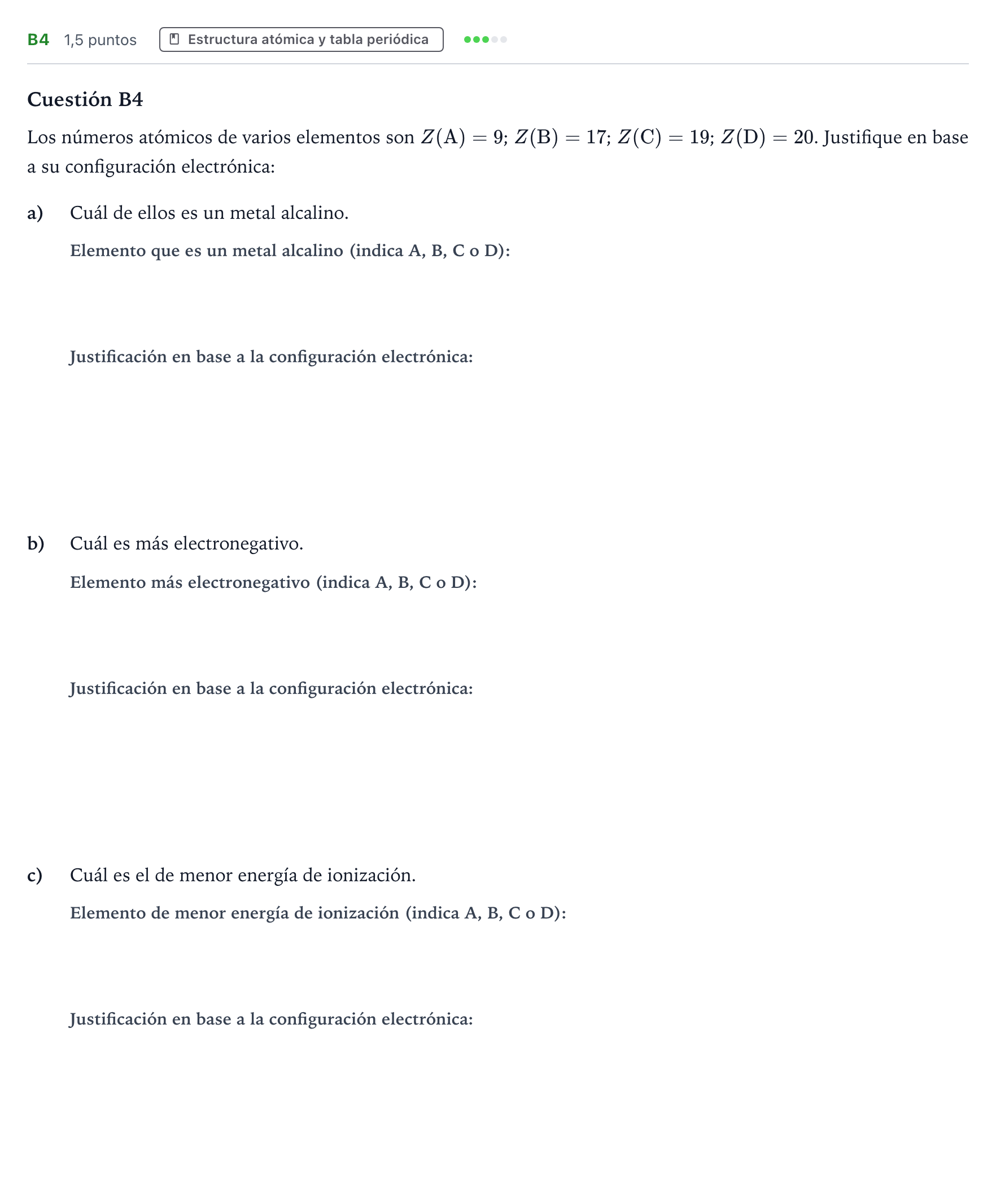 Enunciado: Ejercicio B4 · Química PAU Andalucía Examen C 2020