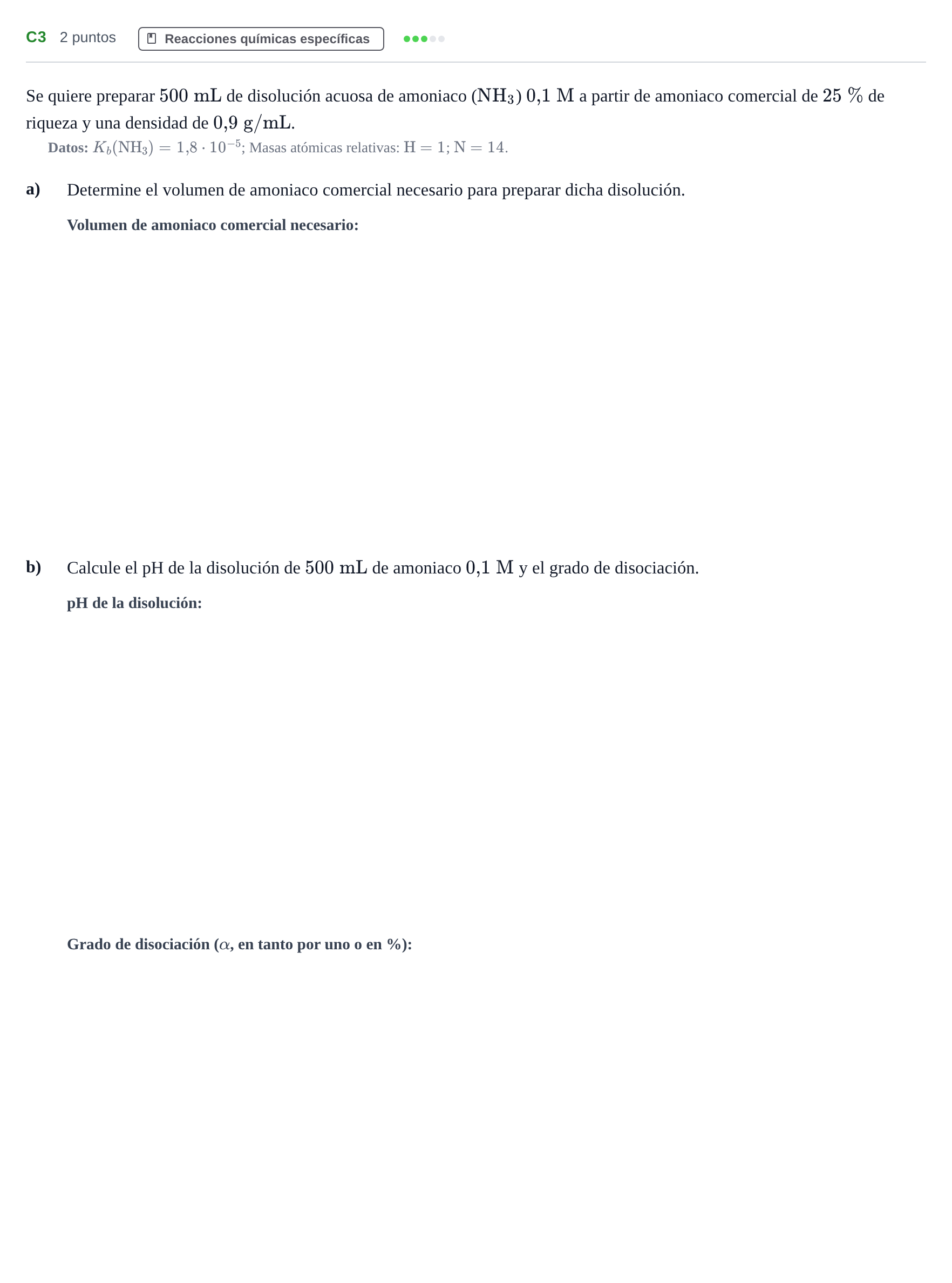 Enunciado: Ejercicio C3 · Química PAU Andalucía Examen C 2020