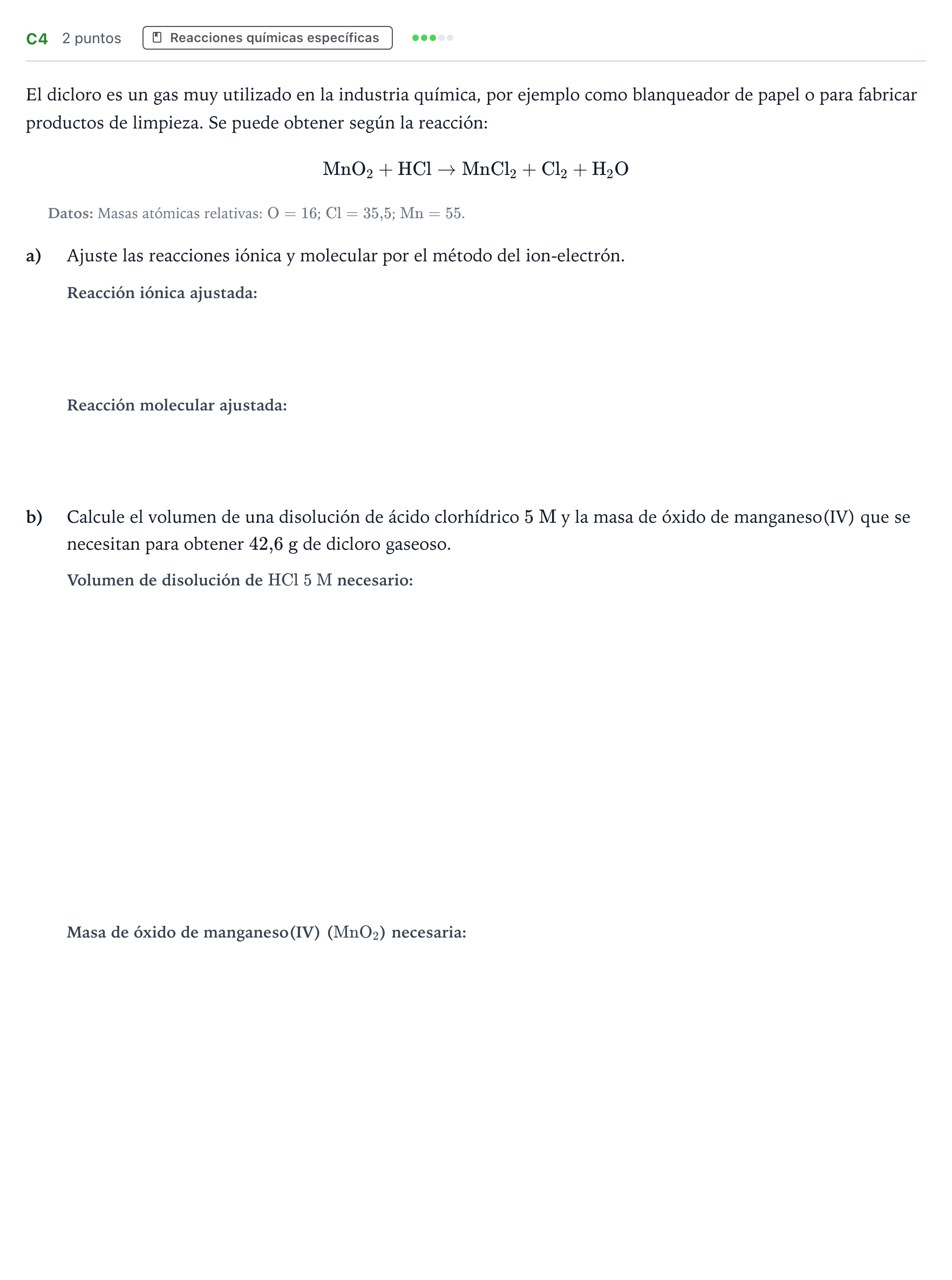 Enunciado: Ejercicio C4 · Química PAU Andalucía Examen C 2020