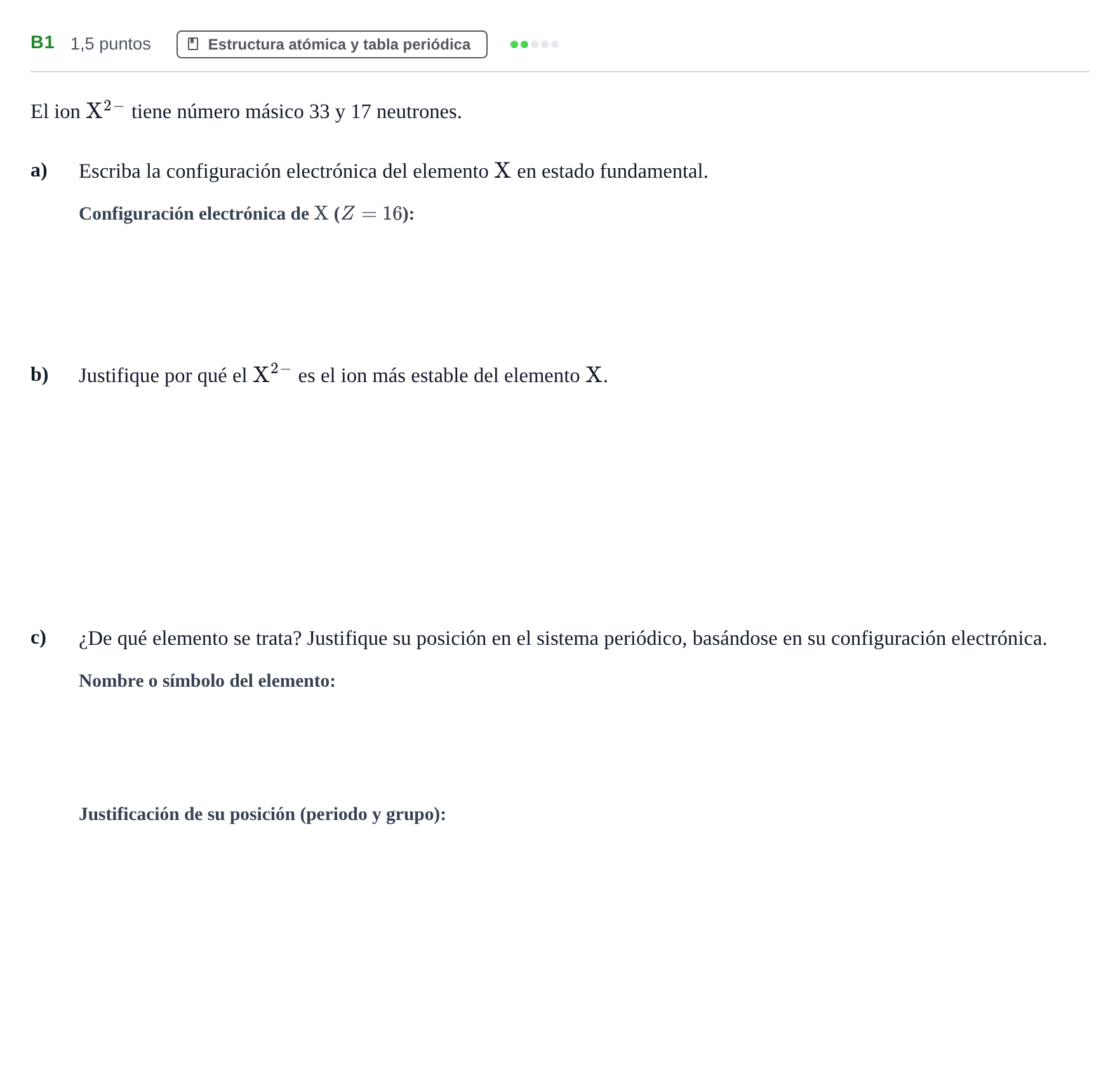 Enunciado: Ejercicio B1 · Química PAU Andalucía Examen D 2020