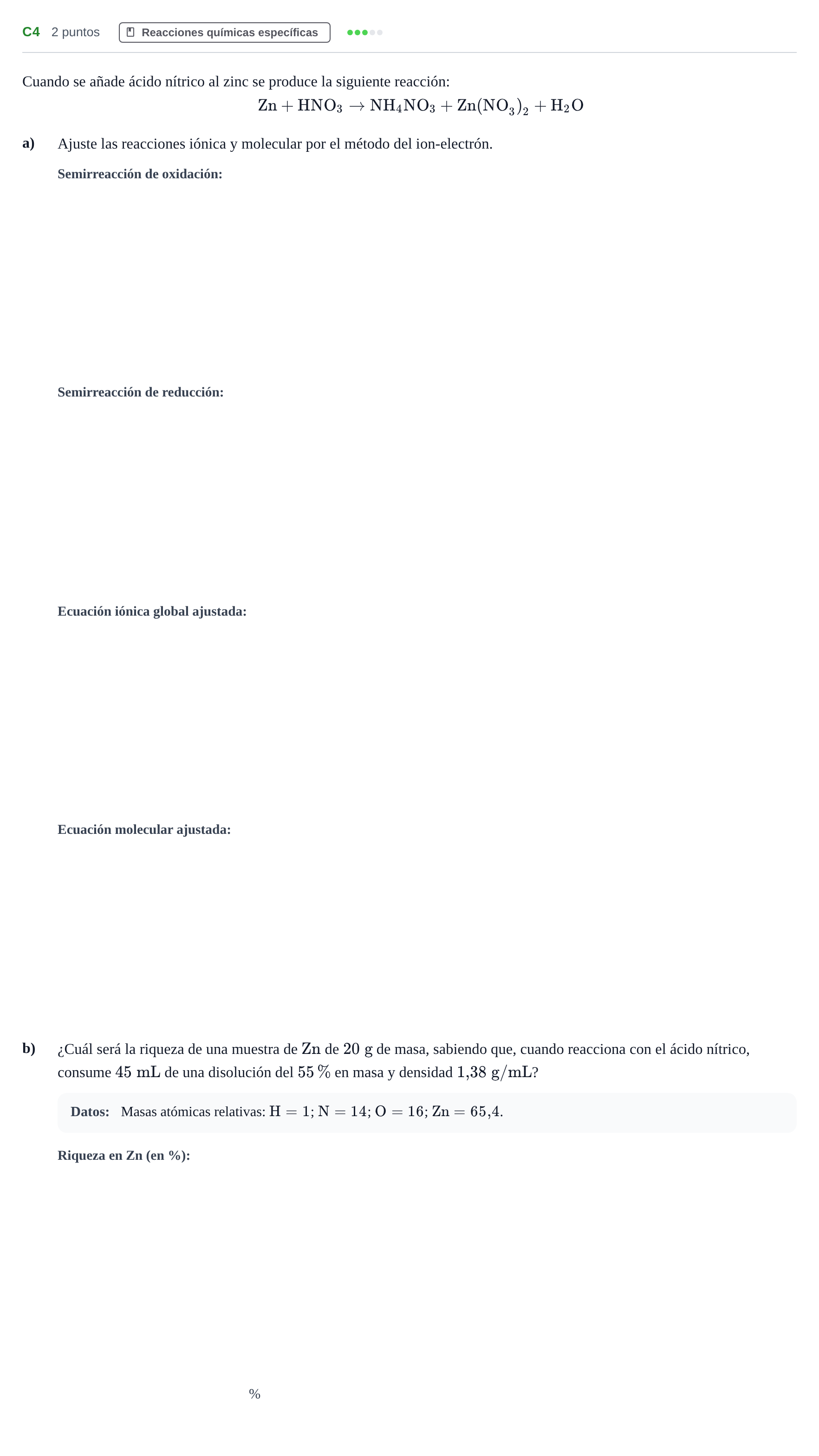 Enunciado: Ejercicio C4 · Química PAU Andalucía Examen D 2020