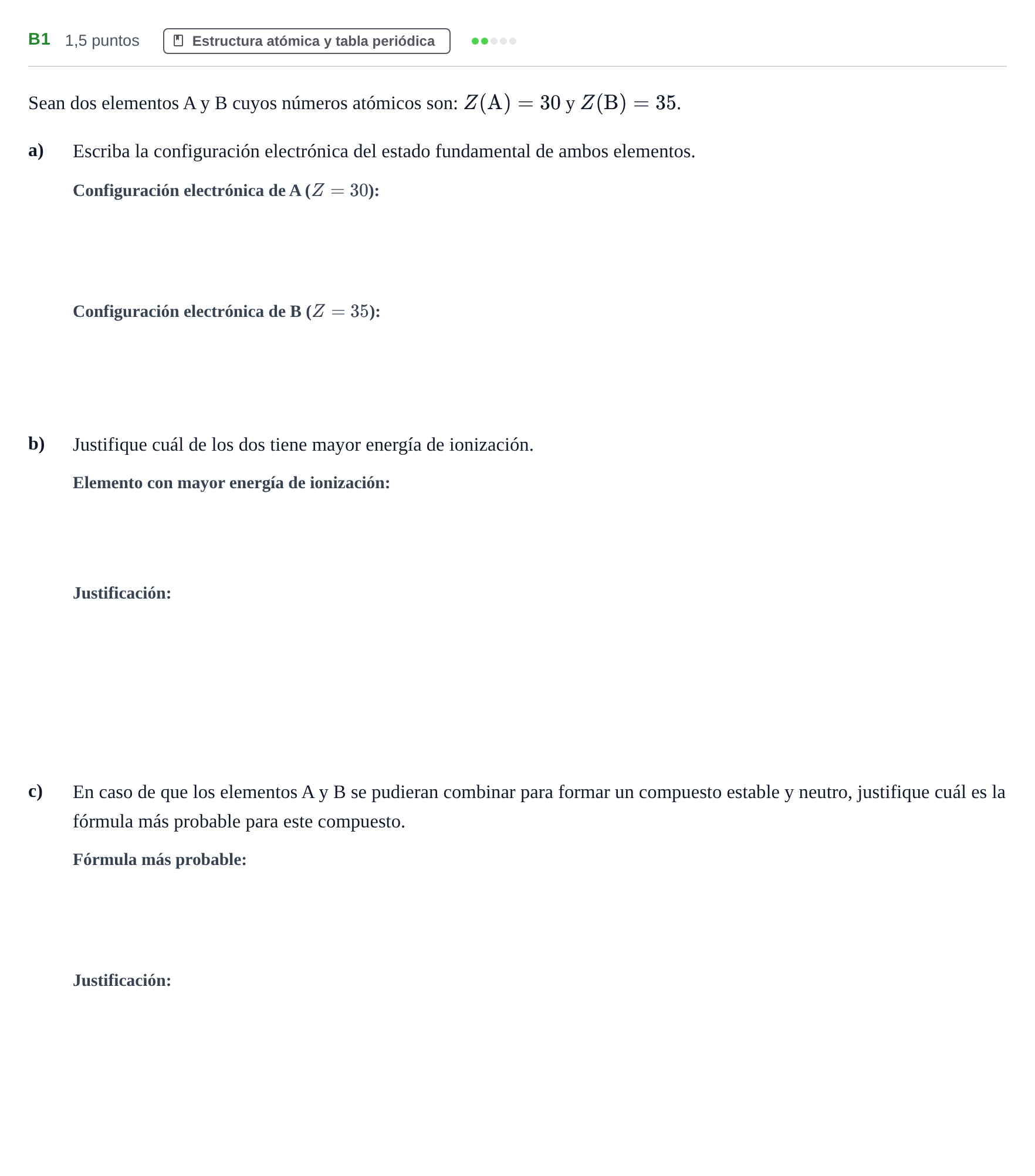 Enunciado: Ejercicio B1 · Química PAU Andalucía Examen E 2020