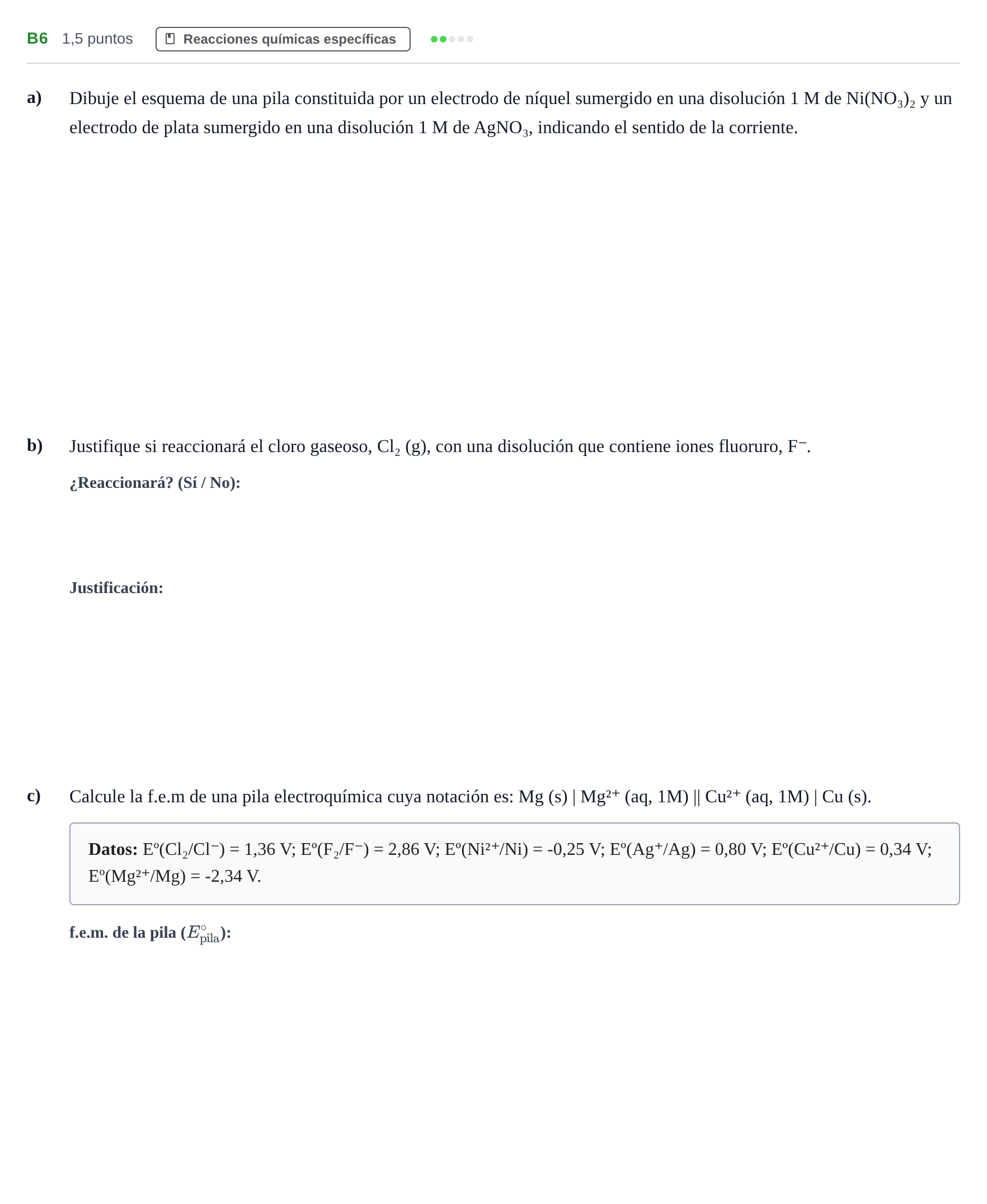 Enunciado: Ejercicio B6 · Química PAU Andalucía Examen E 2020