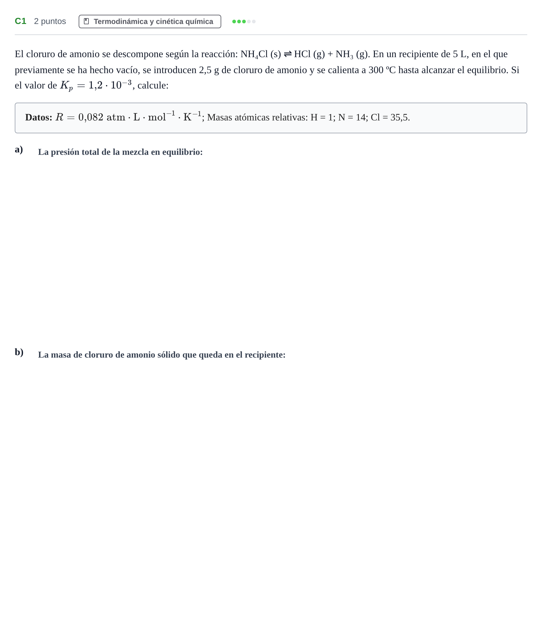 Enunciado: Ejercicio C1 · Química PAU Andalucía Examen E 2020