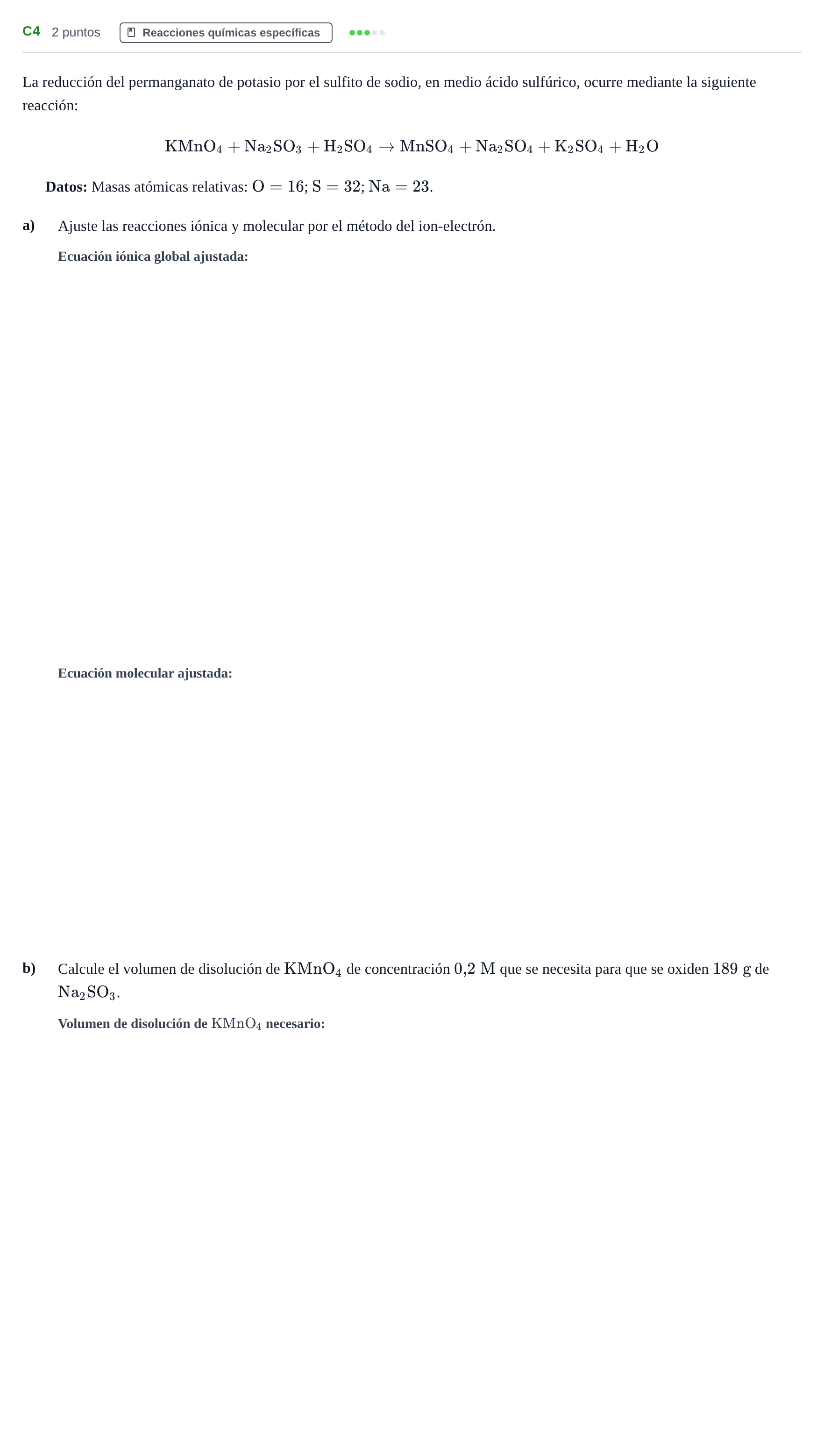 Enunciado: Ejercicio C4 · Química PAU Andalucía Examen E 2020