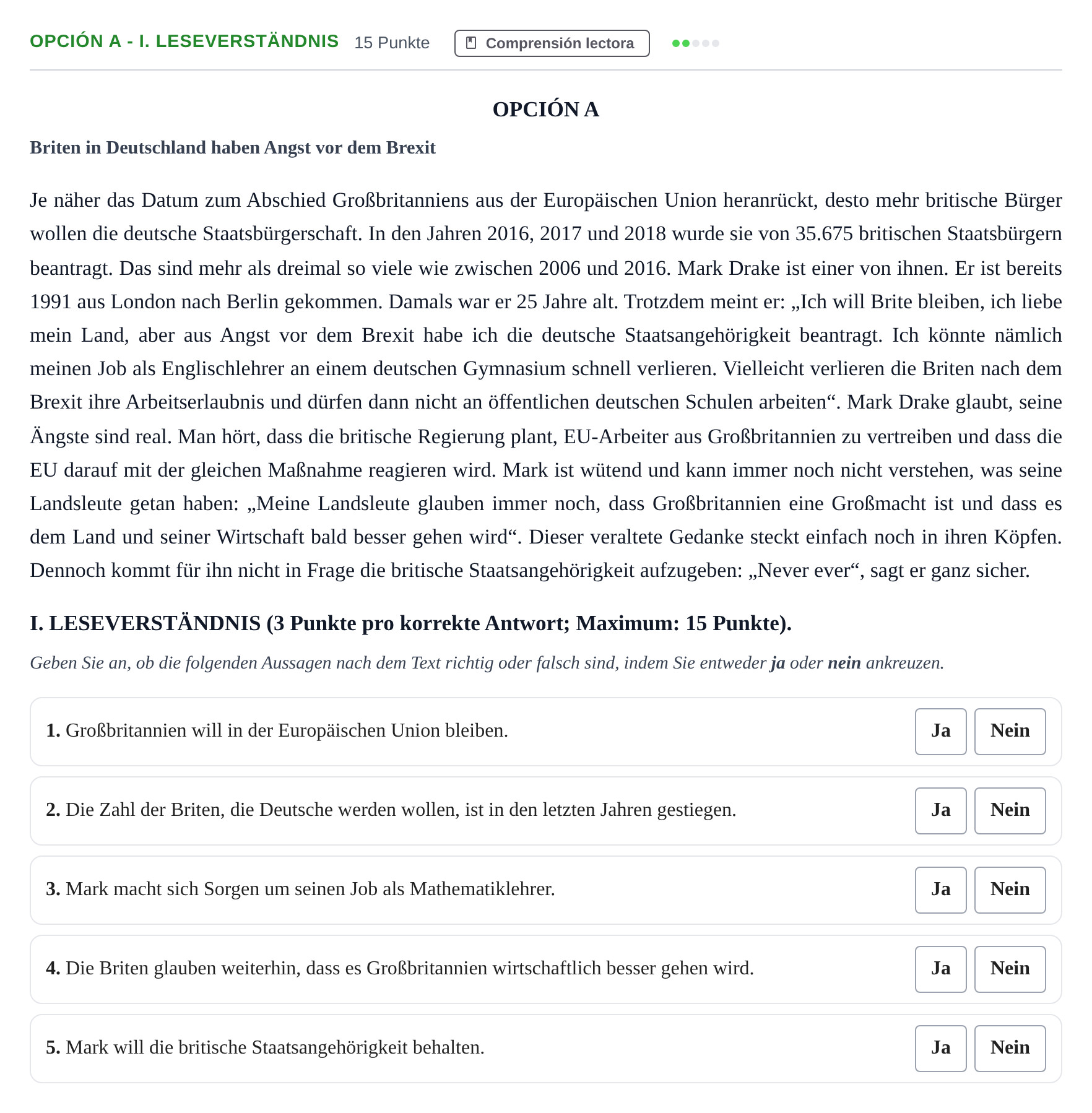 Enunciado: Opción A - I. Leseverständnis · Alemán PAU Andalucía Reserva B 2019