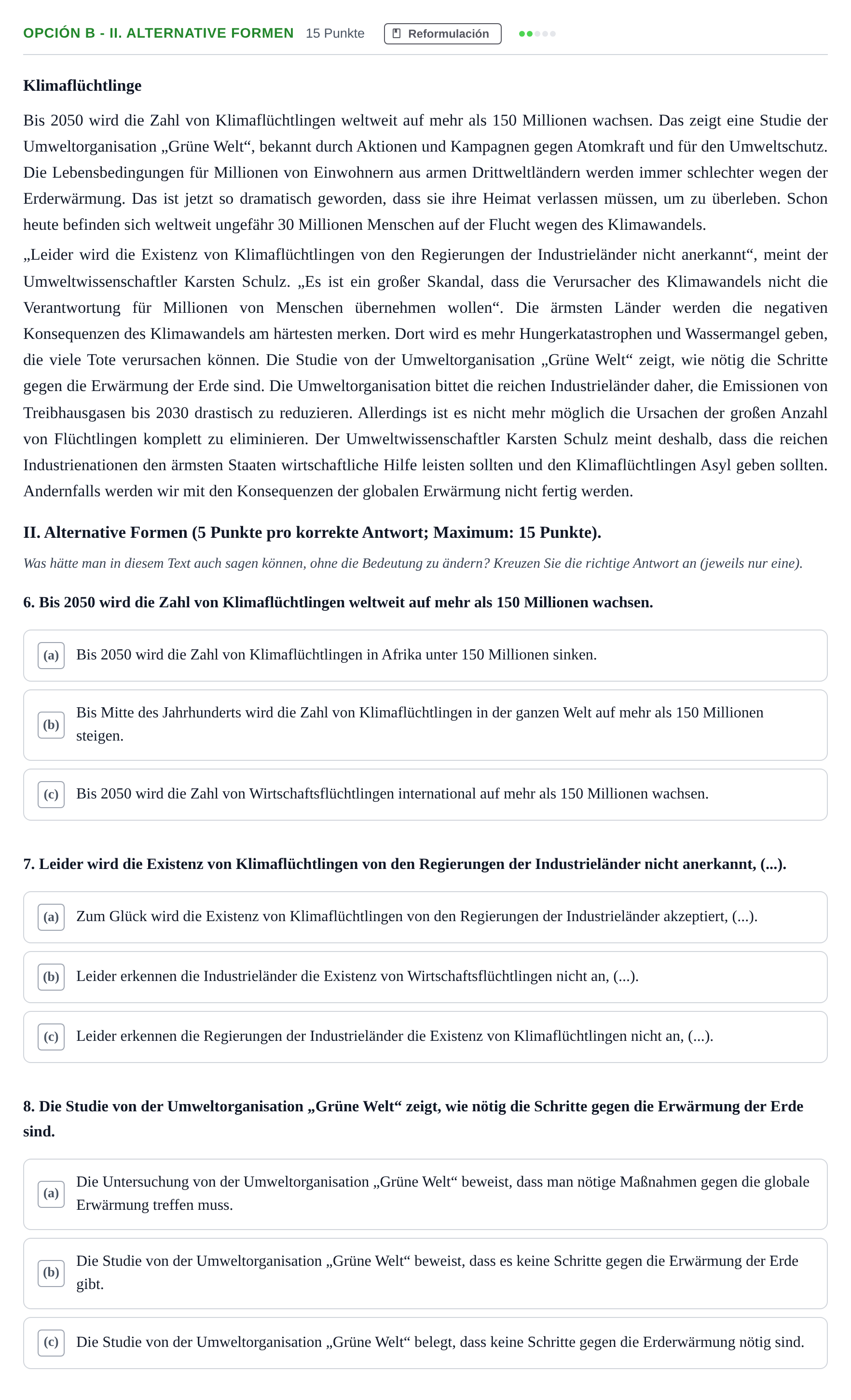 Enunciado: Opción B - II. Alternative Formen · Alemán PAU Andalucía Reserva B 2019