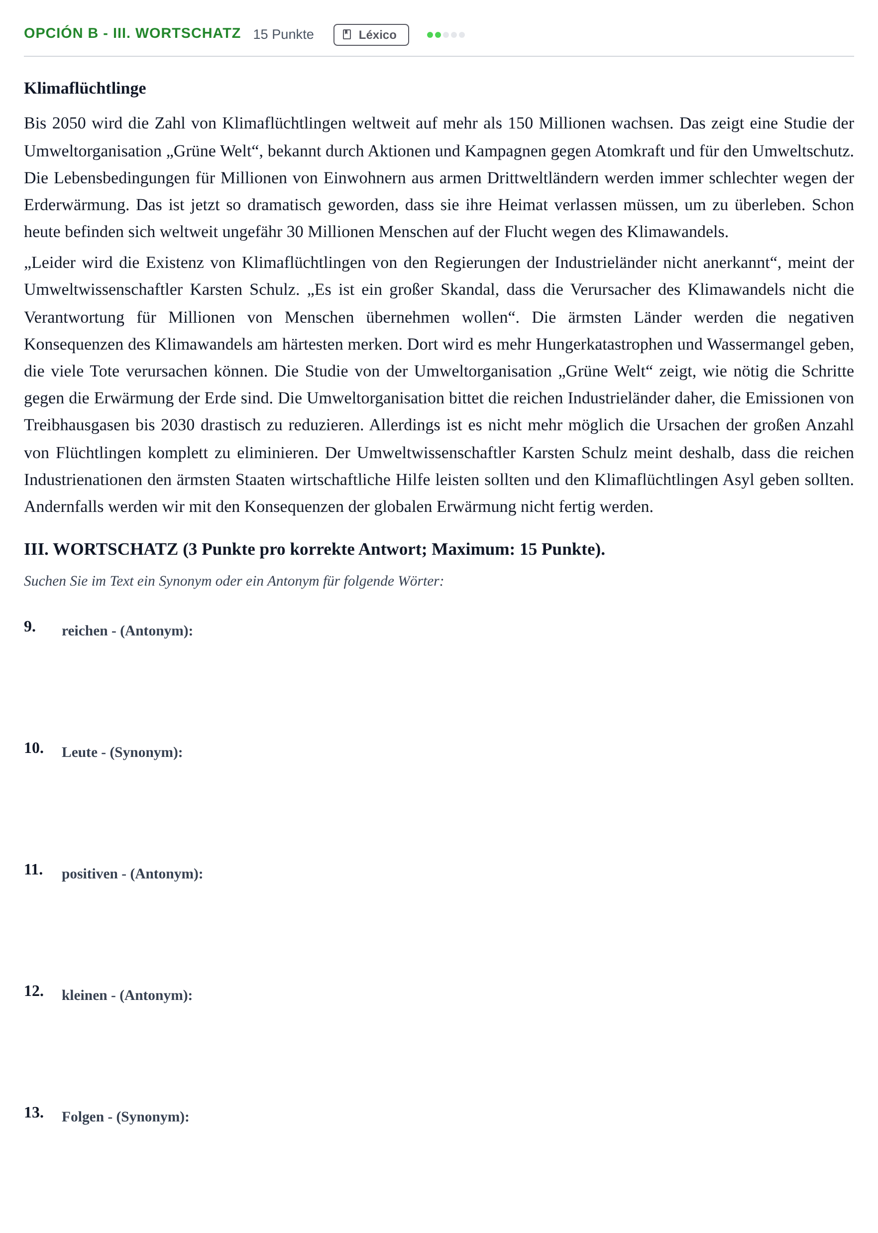 Enunciado: Opción B - III. Wortschatz · Alemán PAU Andalucía Reserva B 2019