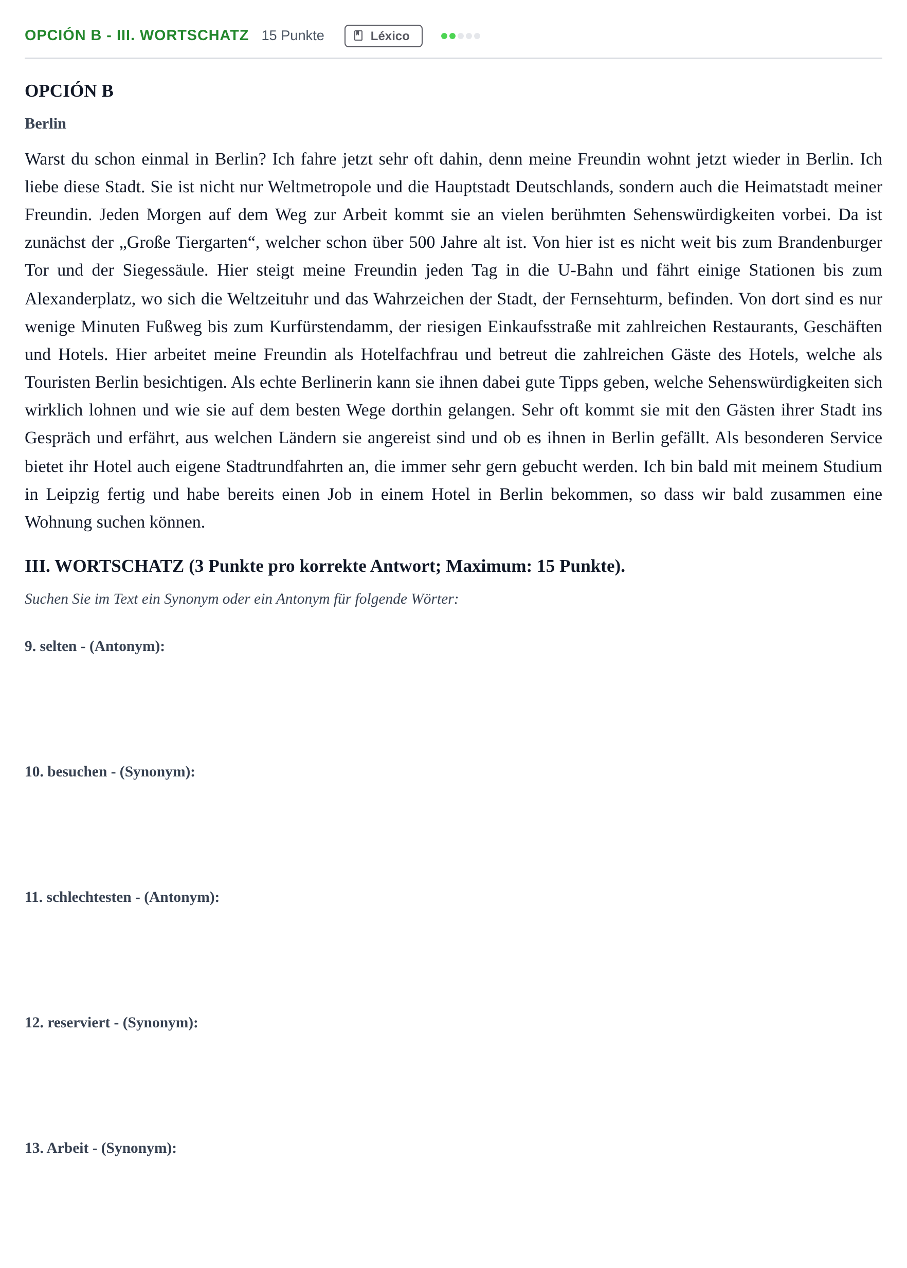 Enunciado: Opción B - III. Wortschatz · Alemán PAU Andalucía Reserva A 2019