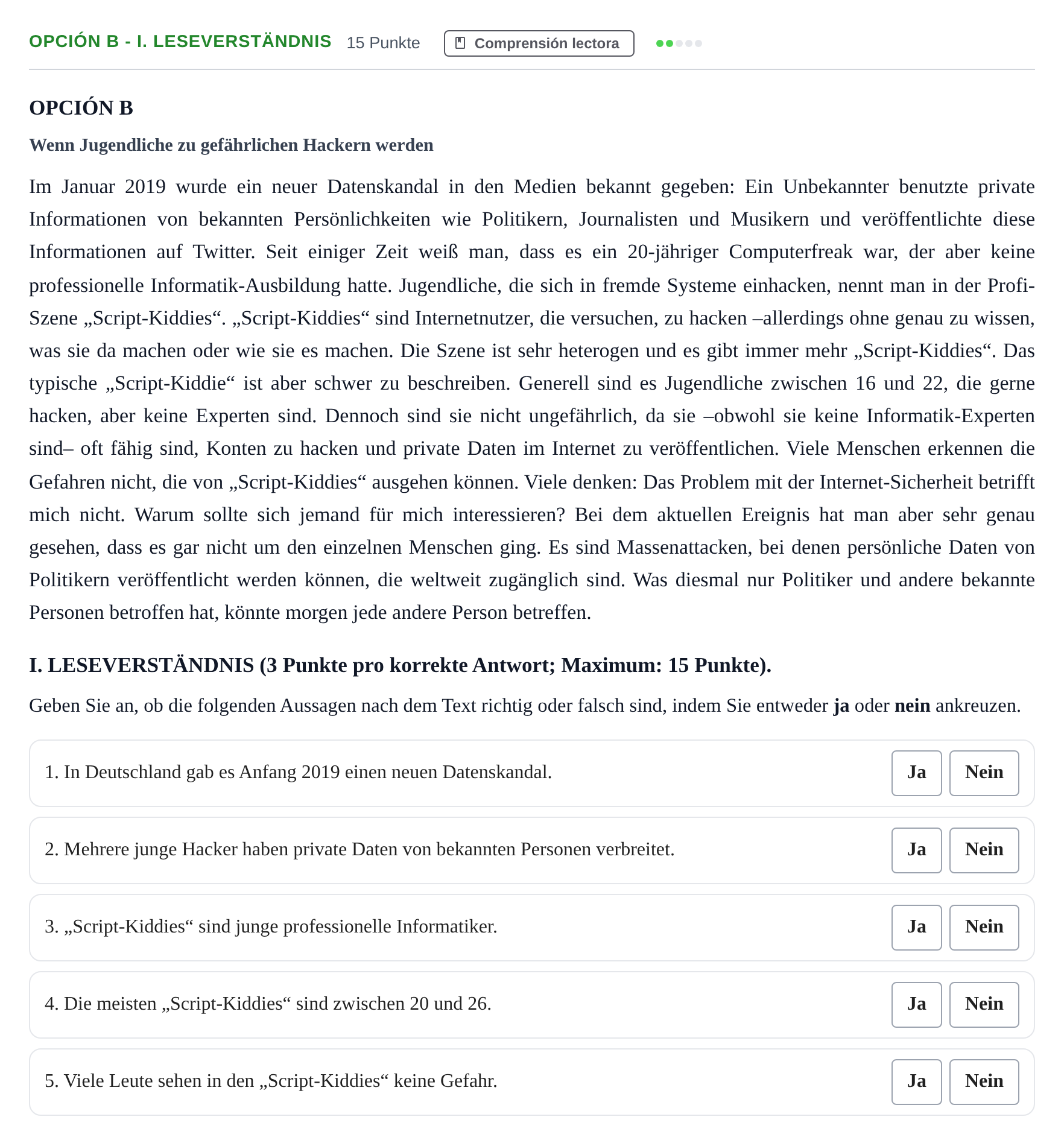 Enunciado: Opción B - I. Leseverständnis · Alemán PAU Andalucía Ordinaria Suplente 2019