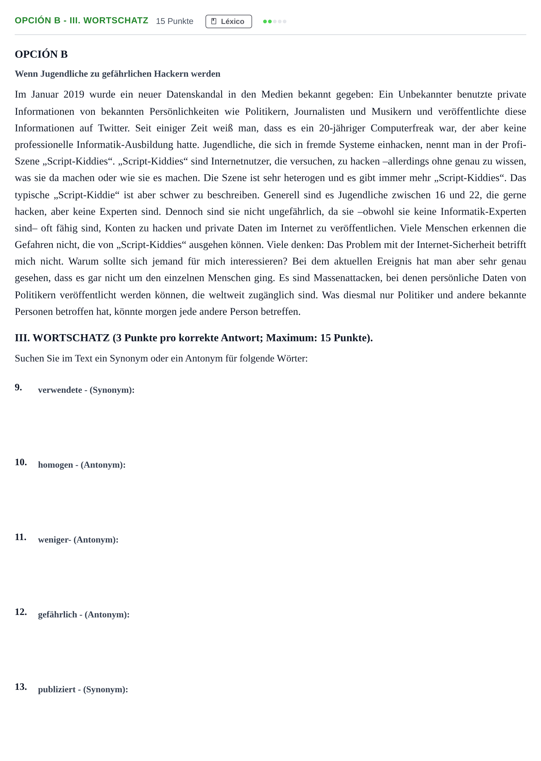 Enunciado: Opción B - III. Wortschatz · Alemán PAU Andalucía Ordinaria Suplente 2019