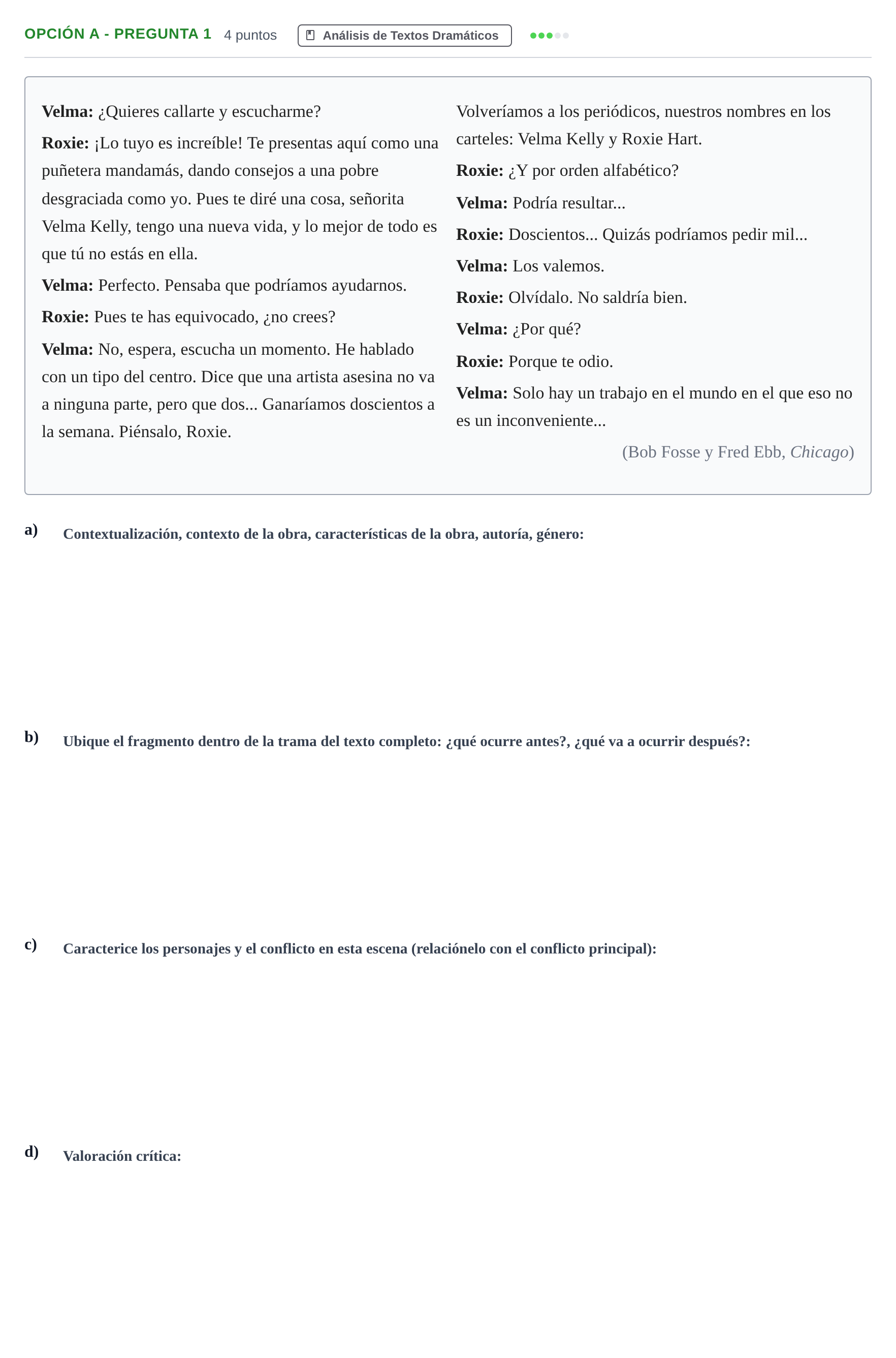 Enunciado: Opción A - Pregunta 1 · Artes Escénicas PAU Andalucía Reserva B 2019