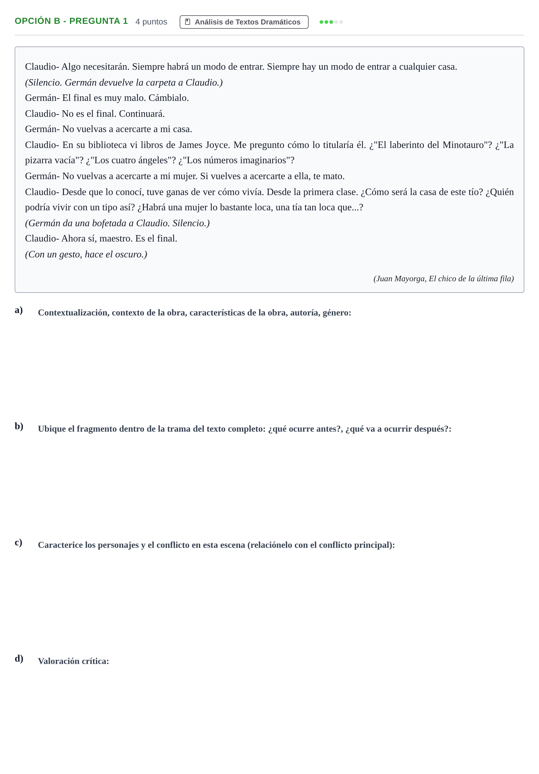 Enunciado: Opción B - Pregunta 1 · Artes Escénicas PAU Andalucía Reserva B 2019