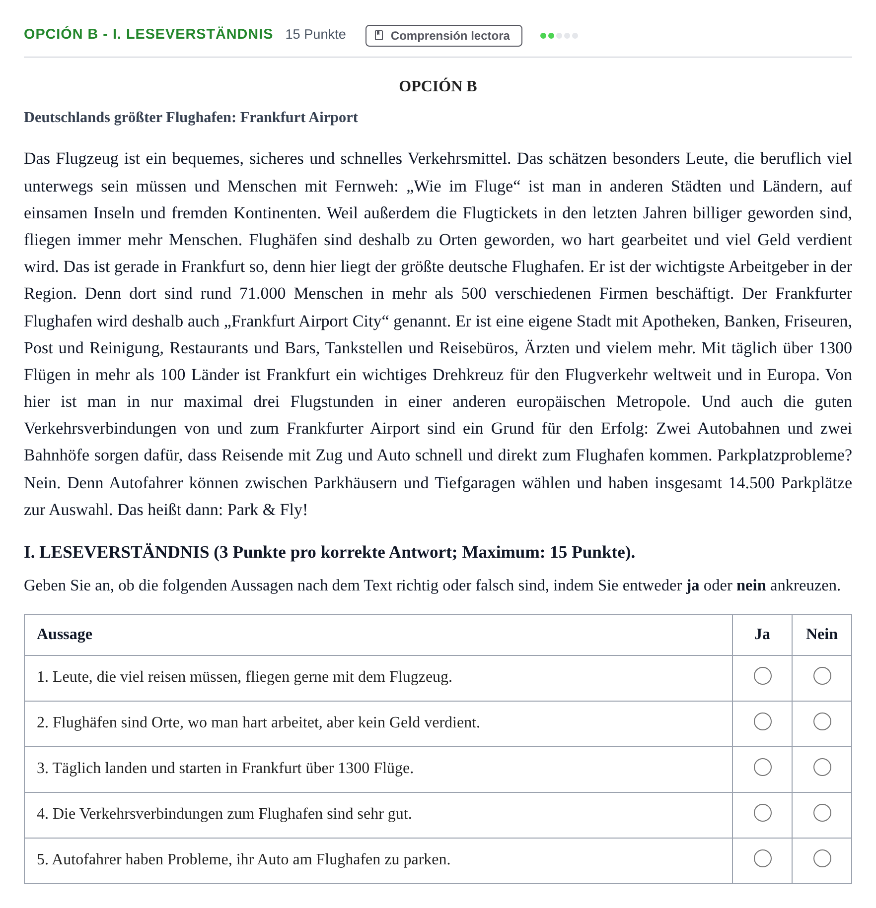 Enunciado: Opción B - I. Leseverständnis · Alemán PAU Andalucía Extraordinaria Suplente 2019