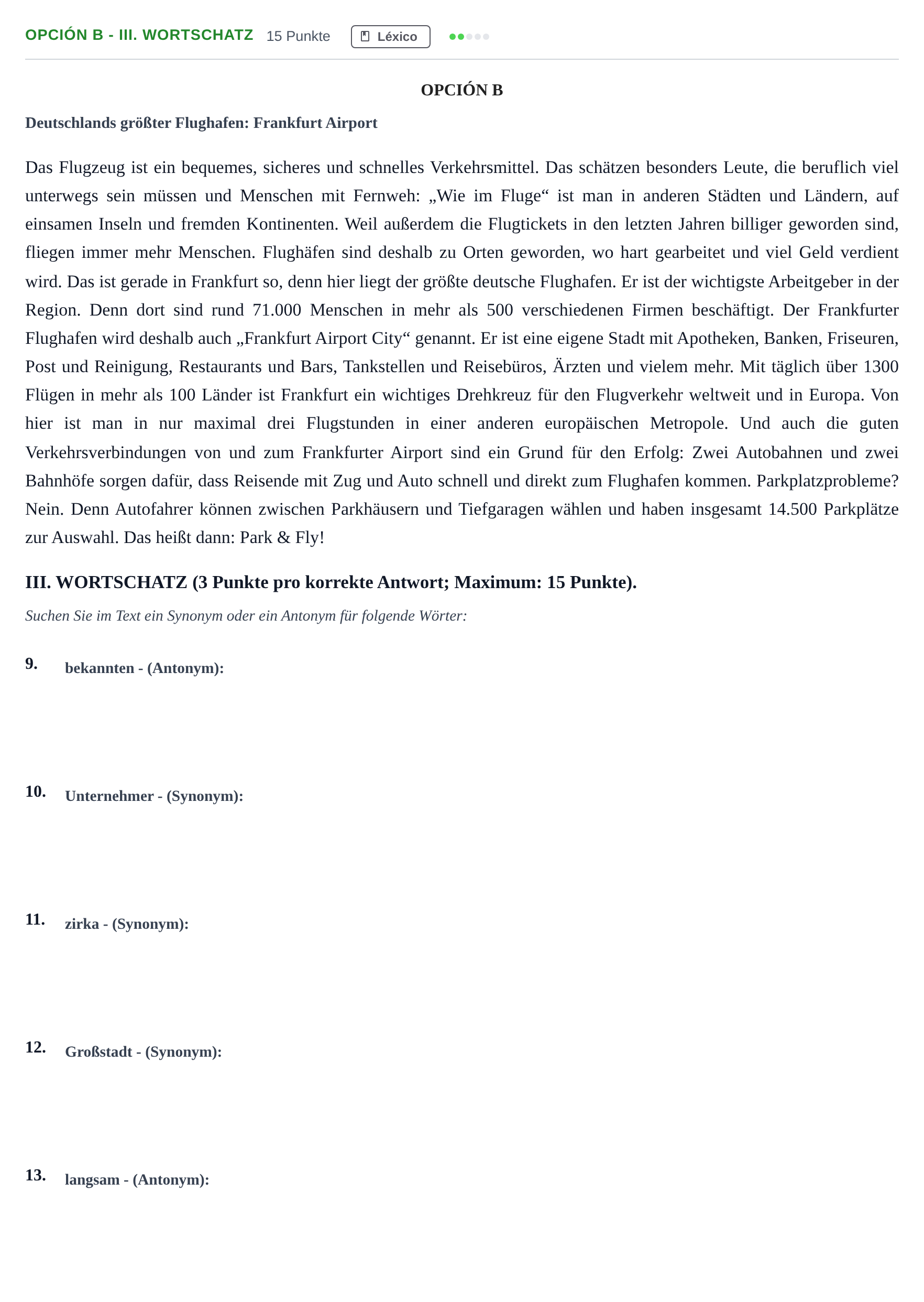Enunciado: Opción B - III. Wortschatz · Alemán PAU Andalucía Extraordinaria Suplente 2019