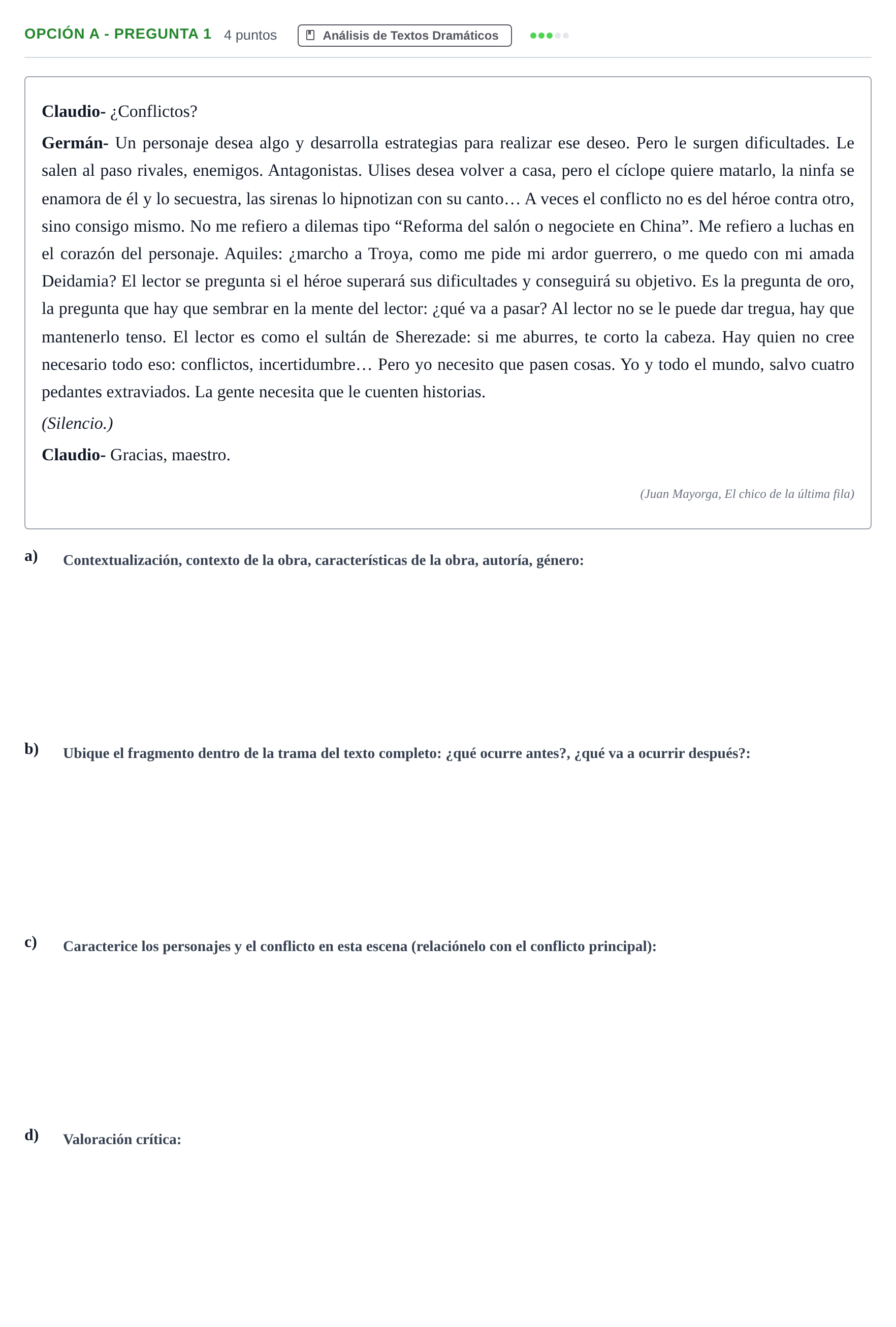 Enunciado: Opción A - Pregunta 1 · Artes Escénicas PAU Andalucía Extraordinaria Suplente 2019
