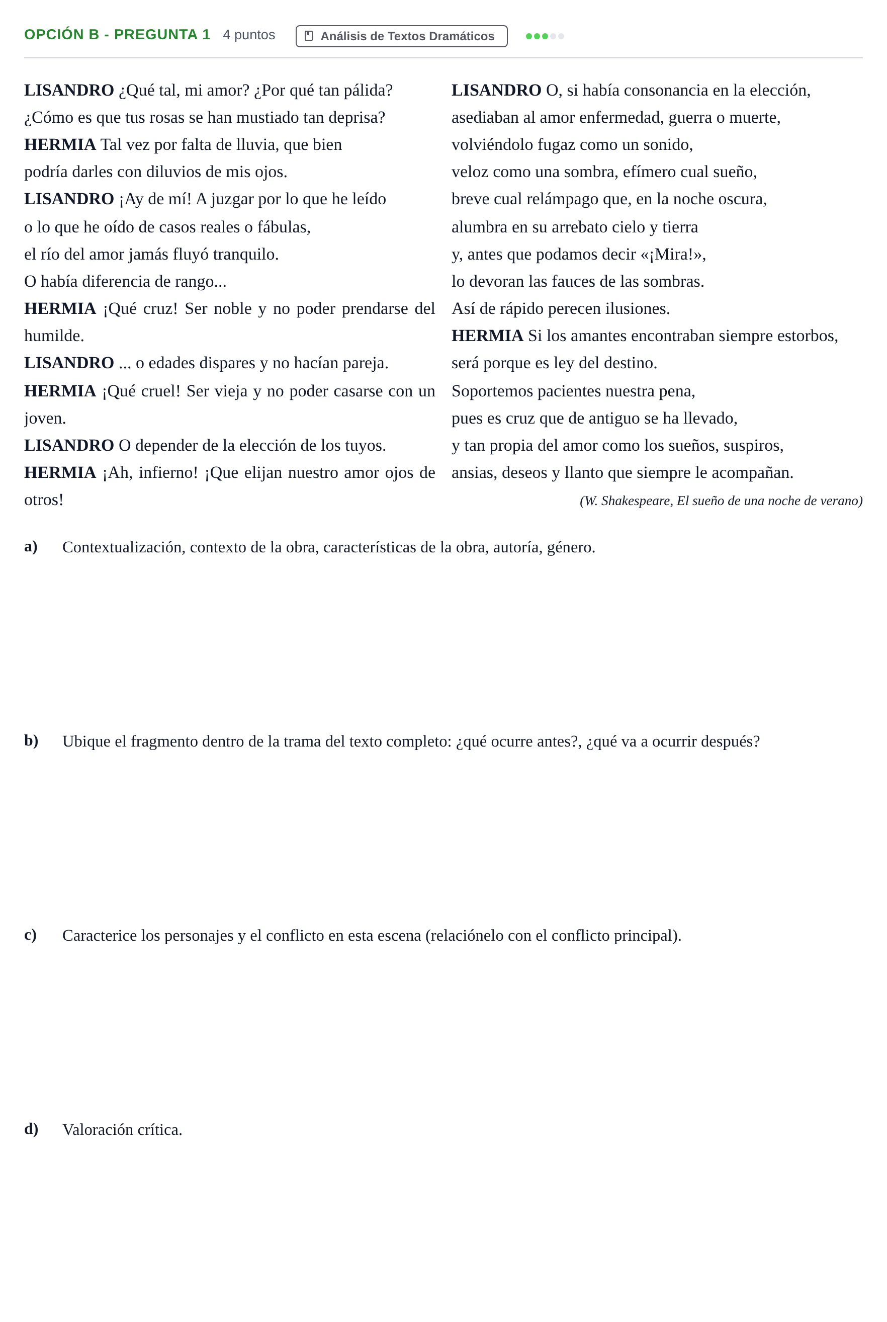 Enunciado: Opción B - Pregunta 1 · Artes Escénicas PAU Andalucía Extraordinaria Suplente 2019