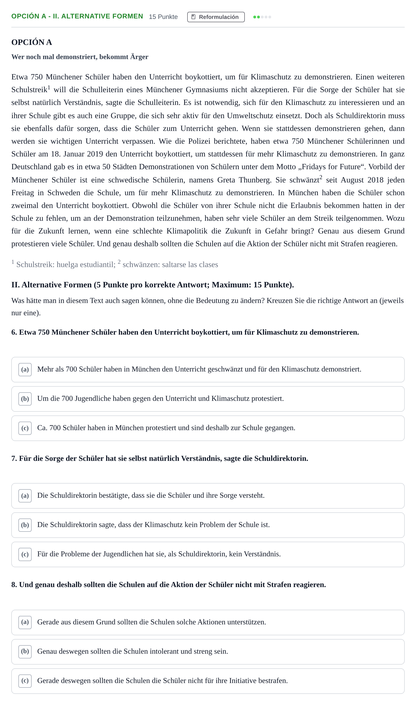 Enunciado: Opción A - II. Alternative Formen · Alemán PAU Andalucía Ordinaria Titular (Acceso) 2019