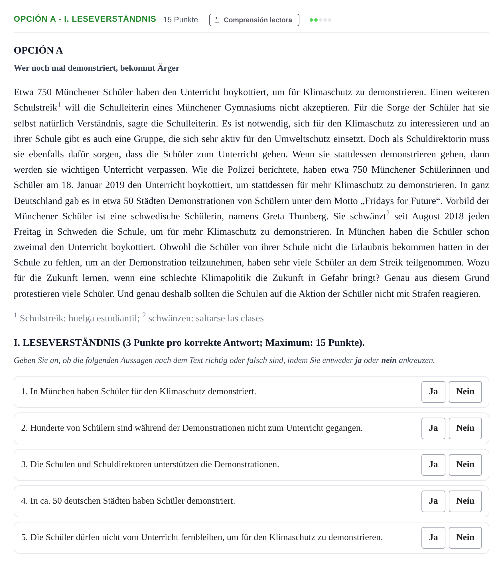 Enunciado: Opción A - I. Leseverständnis · Alemán PAU Andalucía Ordinaria Titular (Acceso) 2019
