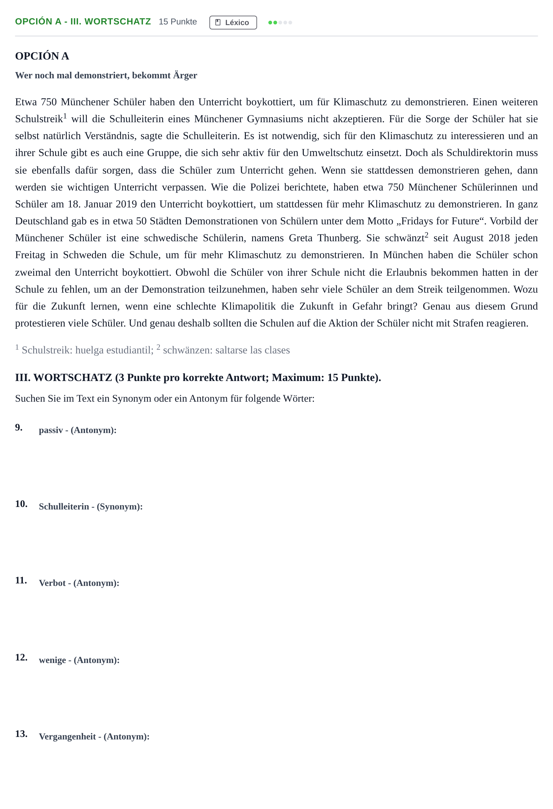 Enunciado: Opción A - III. Wortschatz · Alemán PAU Andalucía Ordinaria Titular (Acceso) 2019