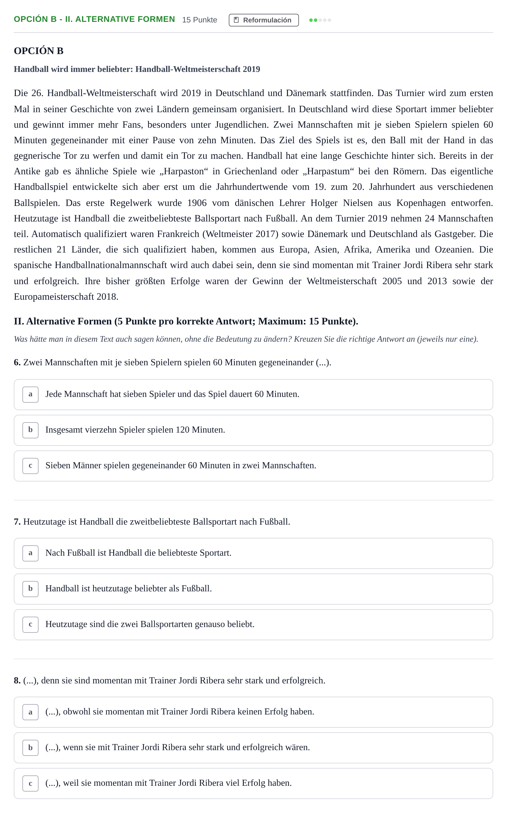 Enunciado: Opción B - II. Alternative Formen · Alemán PAU Andalucía Ordinaria Titular (Acceso) 2019