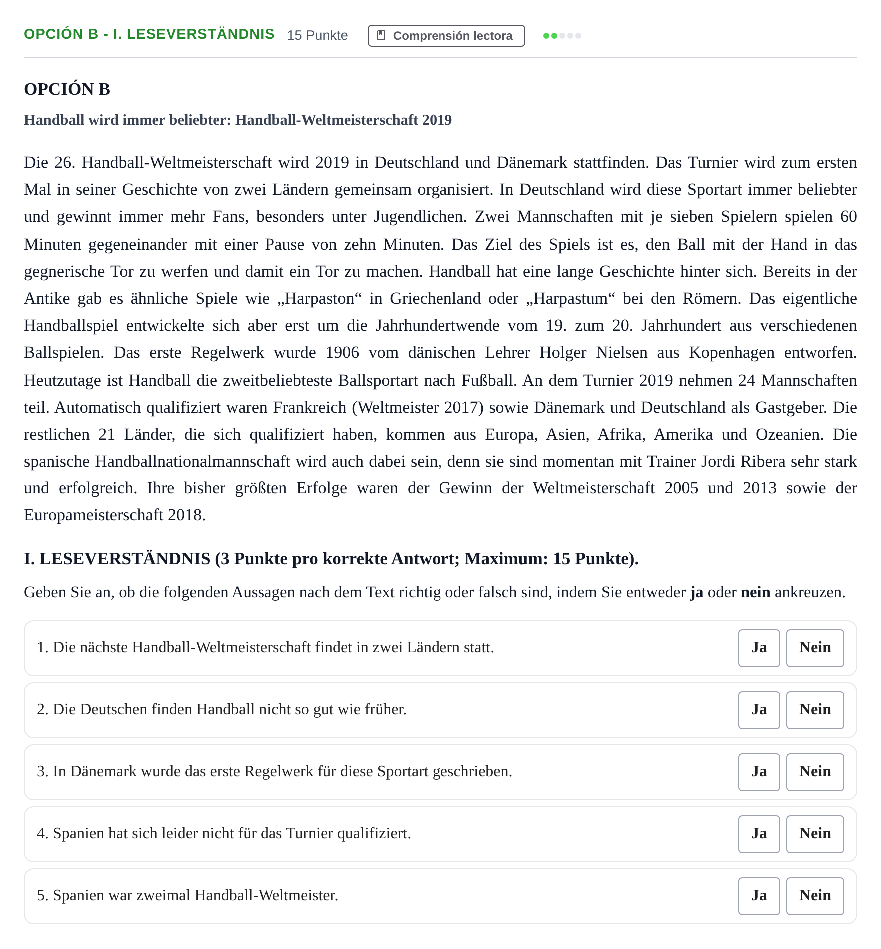 Enunciado: Opción B - I. Leseverständnis · Alemán PAU Andalucía Ordinaria Titular (Acceso) 2019