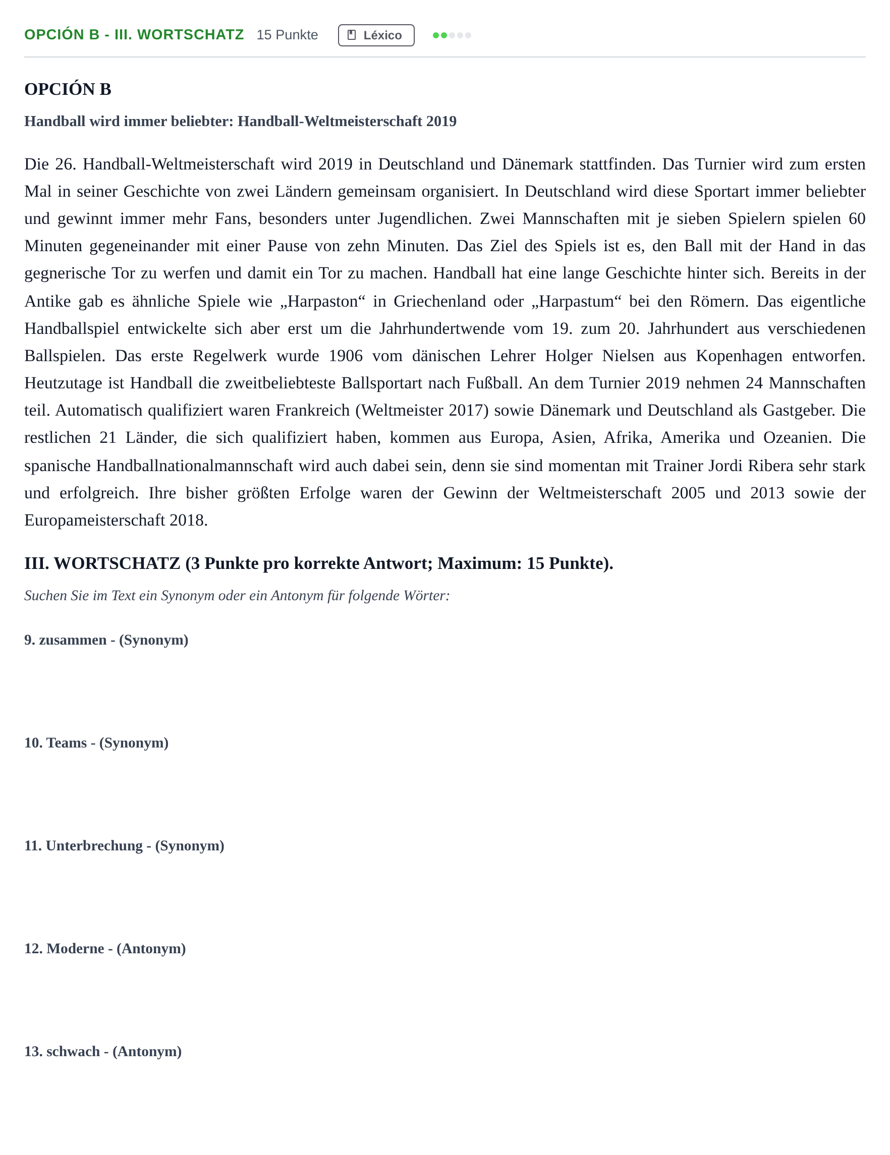 Enunciado: Opción B - III. Wortschatz · Alemán PAU Andalucía Ordinaria Titular (Acceso) 2019