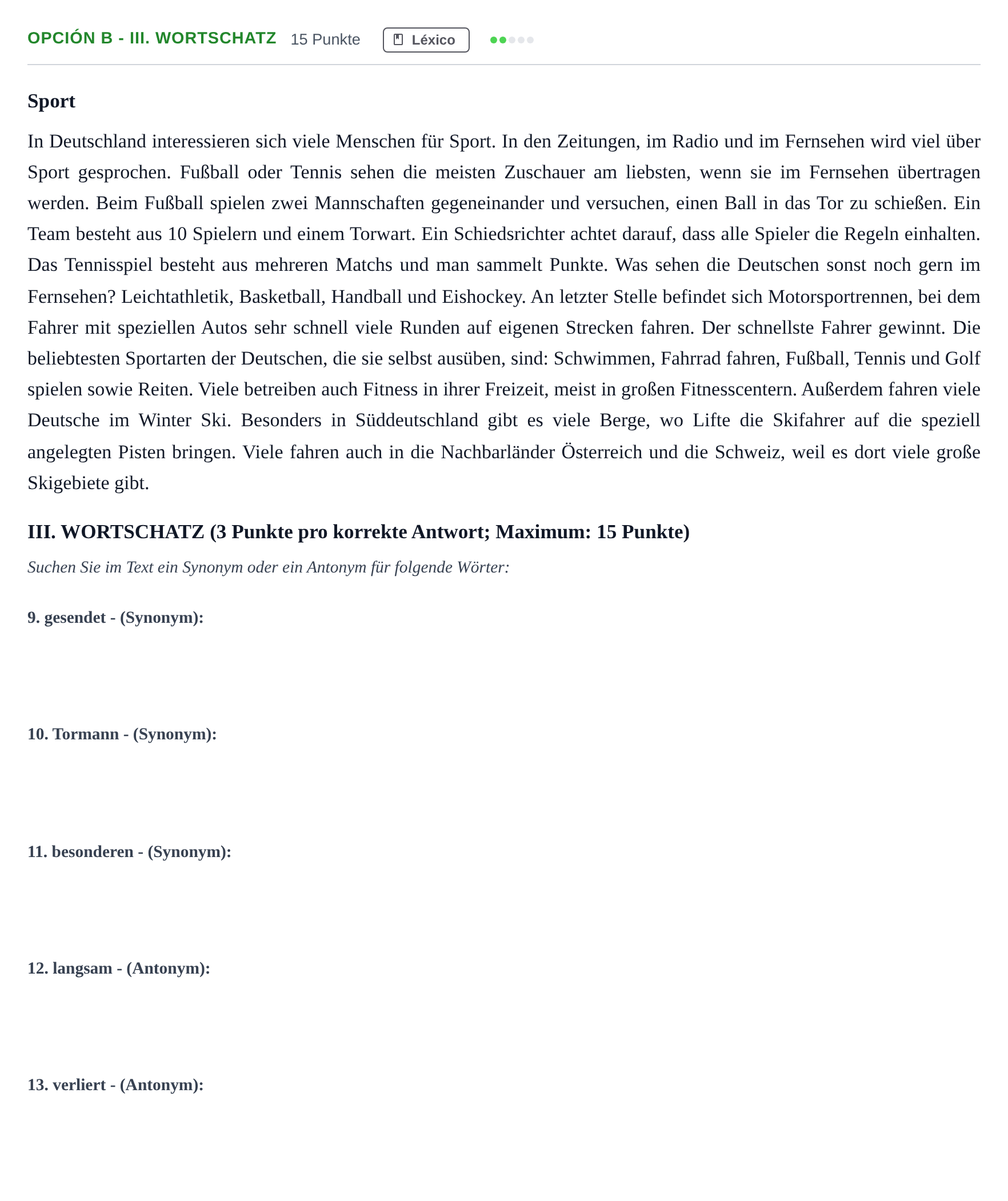 Enunciado: Opción B - III. Wortschatz · Alemán PAU Andalucía Ordinaria Titular (Admisión) 2019