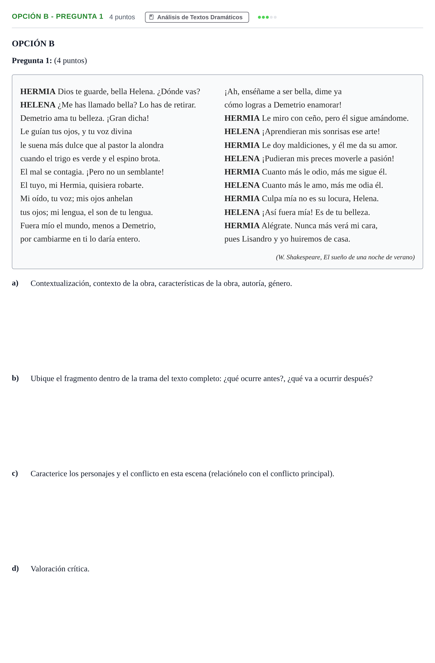 Enunciado: Opción B - Pregunta 1 · Artes Escénicas PAU Andalucía Extraordinaria Titular 2019