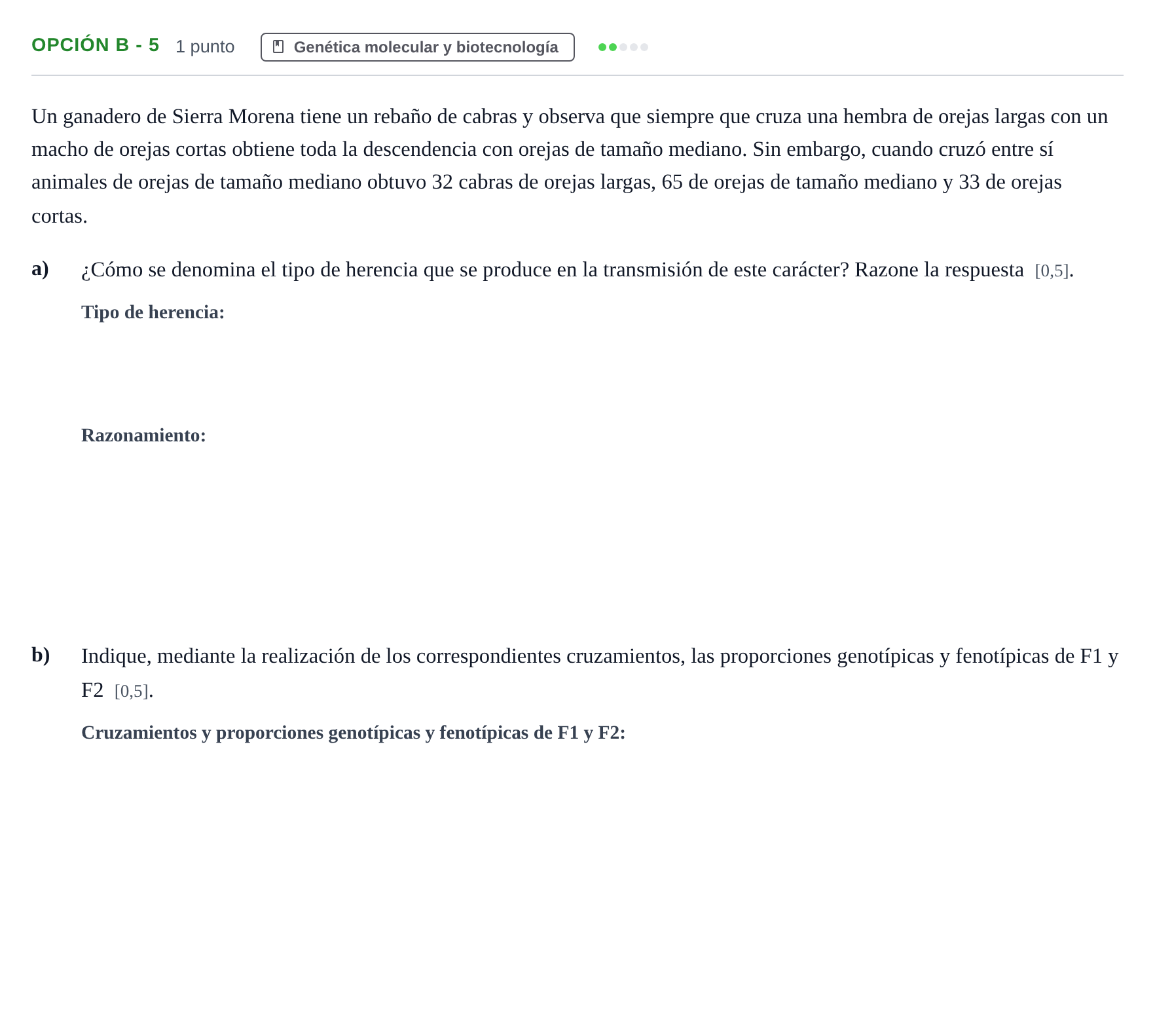 Enunciado: Opción B - 5 · Biología PAU Andalucía Extraordinaria Titular 2019
