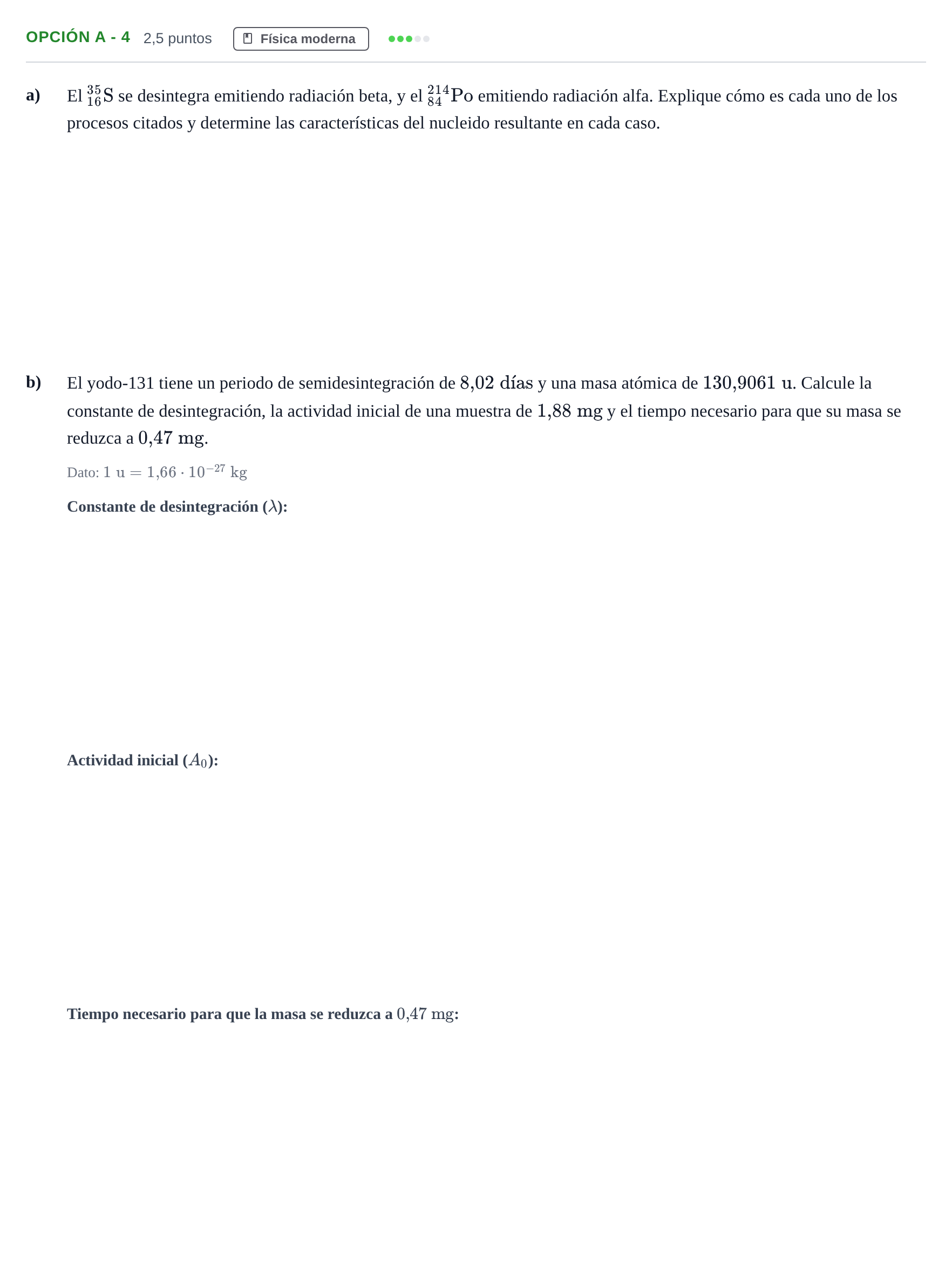 Enunciado: Opción A - 4 · Física PAU Andalucía Extraordinaria Suplente 2019