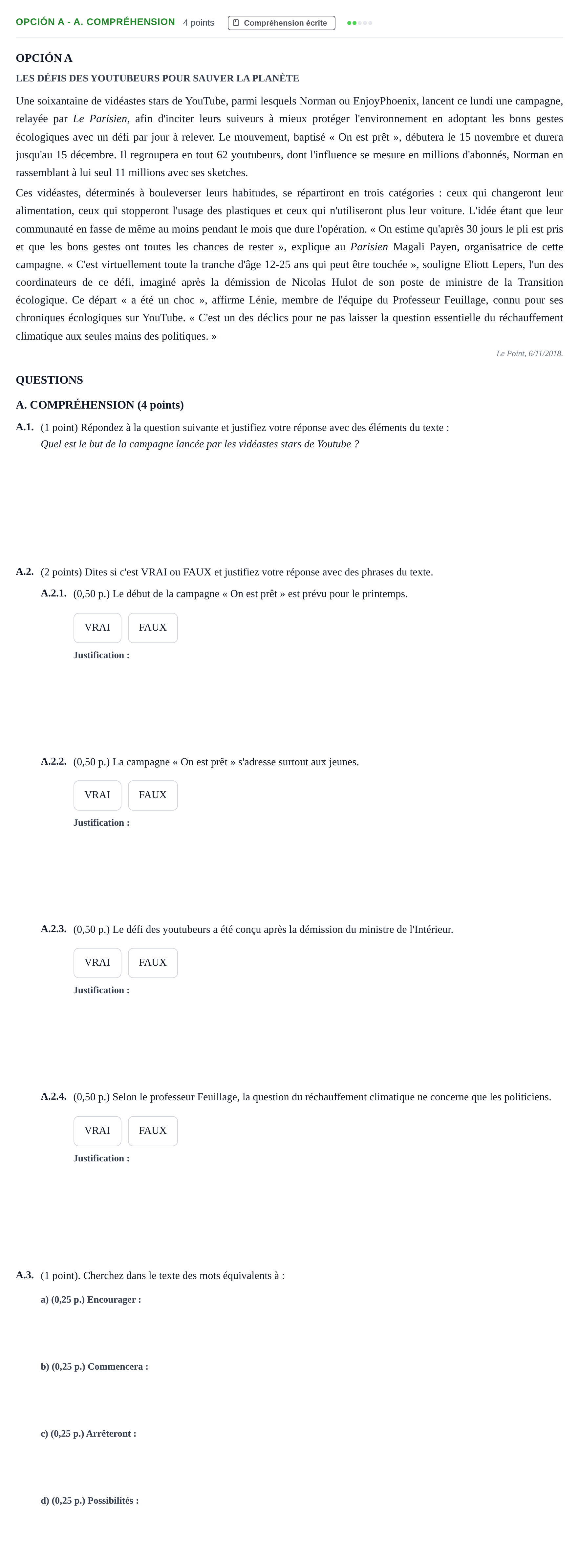 Enunciado: Opción A - A. Compréhension · Francés PAU Andalucía Reserva A 2019