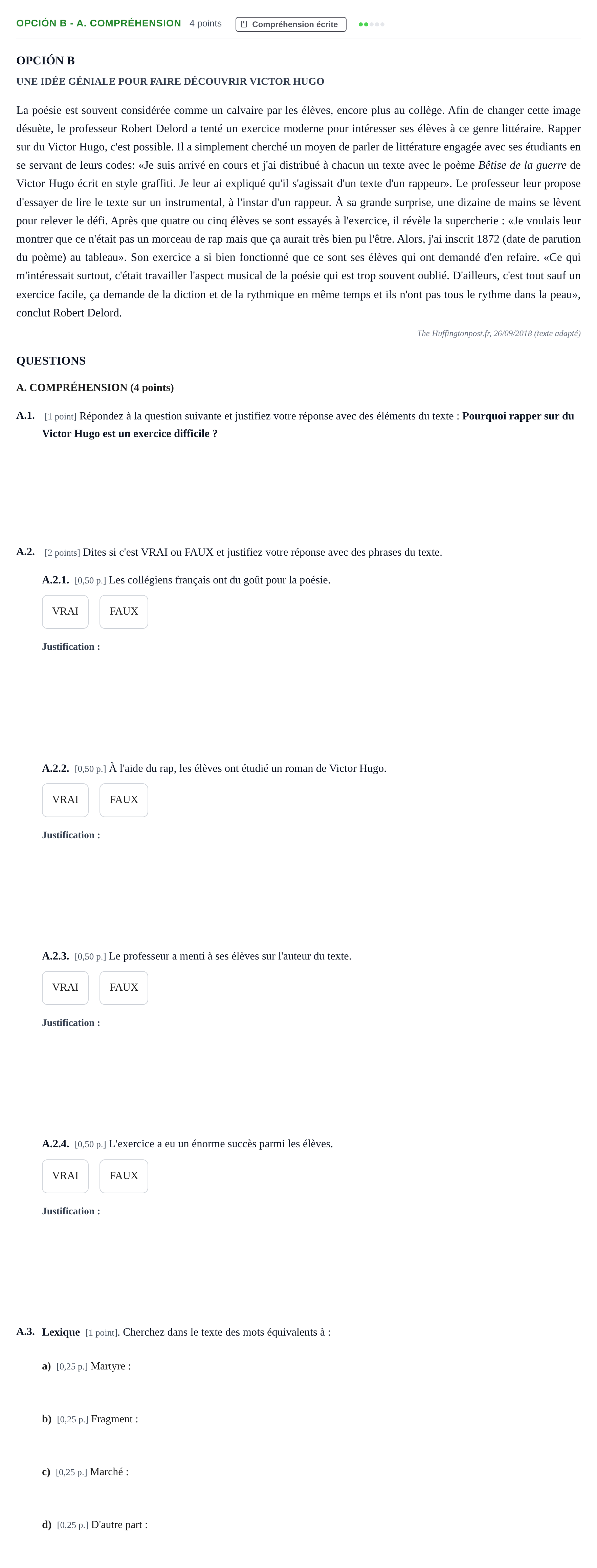 Enunciado: Opción B - A. Compréhension · Francés PAU Andalucía Reserva A 2019