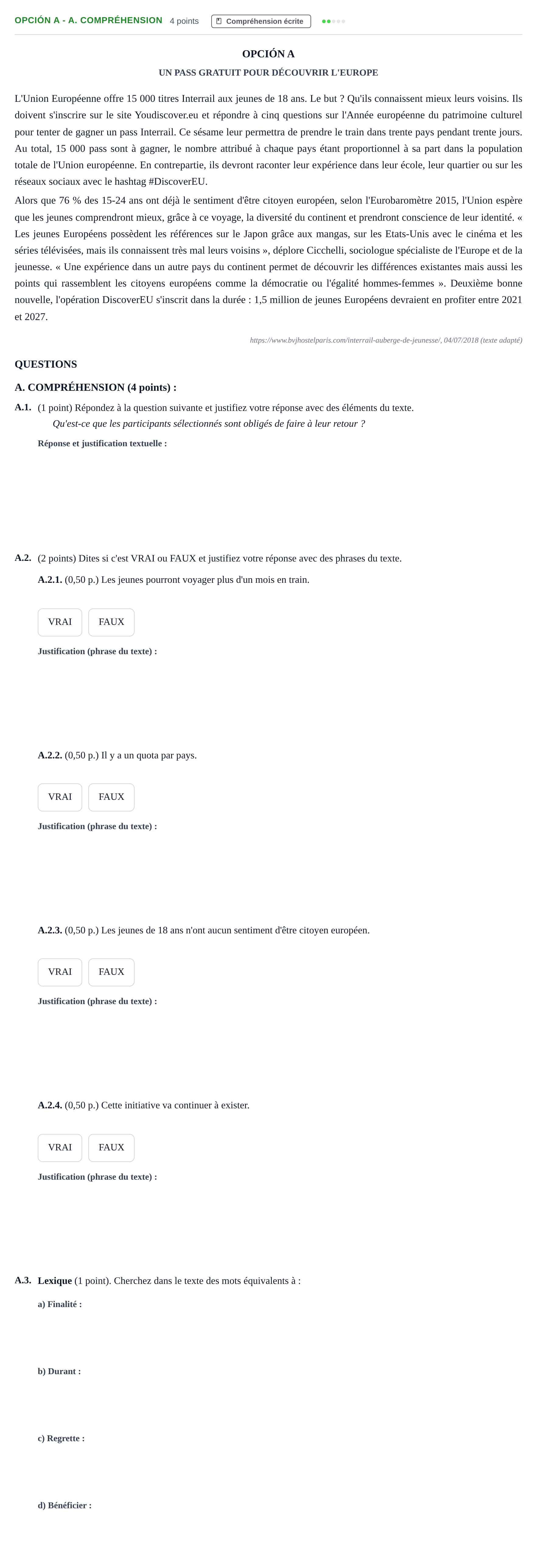 Enunciado: Opción A - A. Compréhension · Francés PAU Andalucía Reserva B 2019