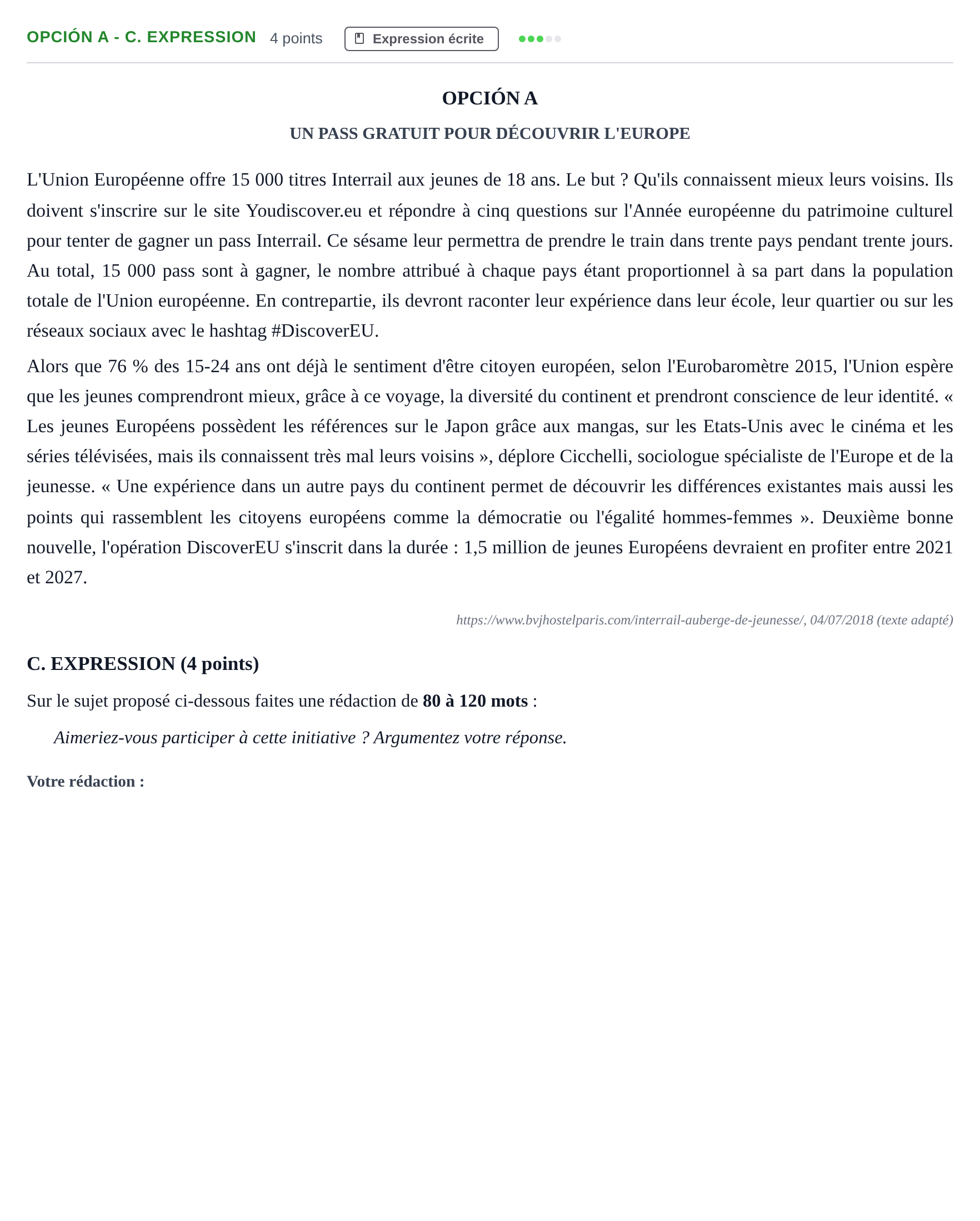 Enunciado: Opción A - C. Expression · Francés PAU Andalucía Reserva B 2019