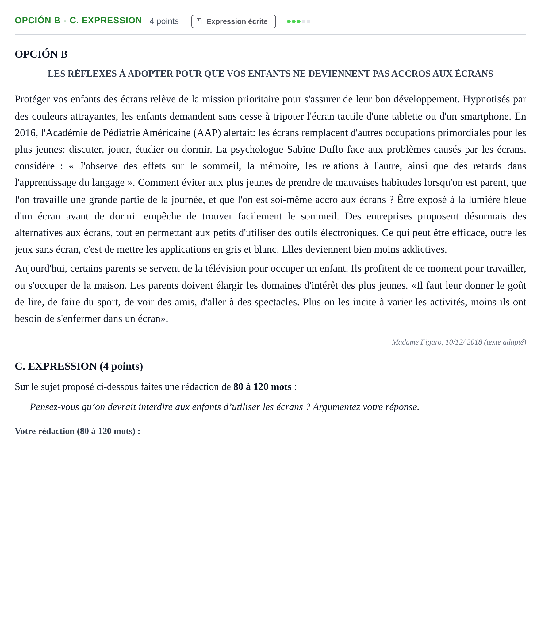Enunciado: Opción B - C. Expression · Francés PAU Andalucía Reserva B 2019