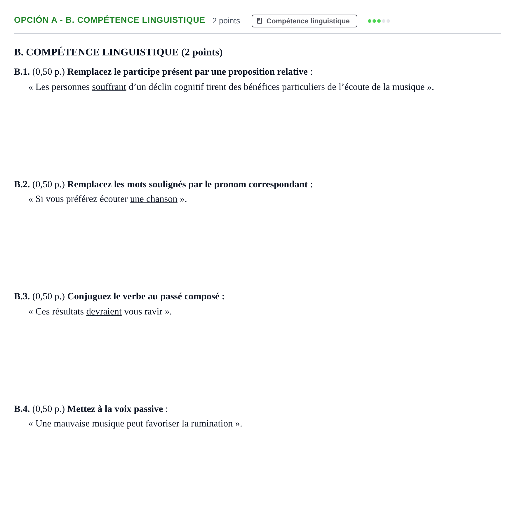 Enunciado: Opción A - B. Compétence linguistique · Francés PAU Andalucía Ordinaria Suplente 2019