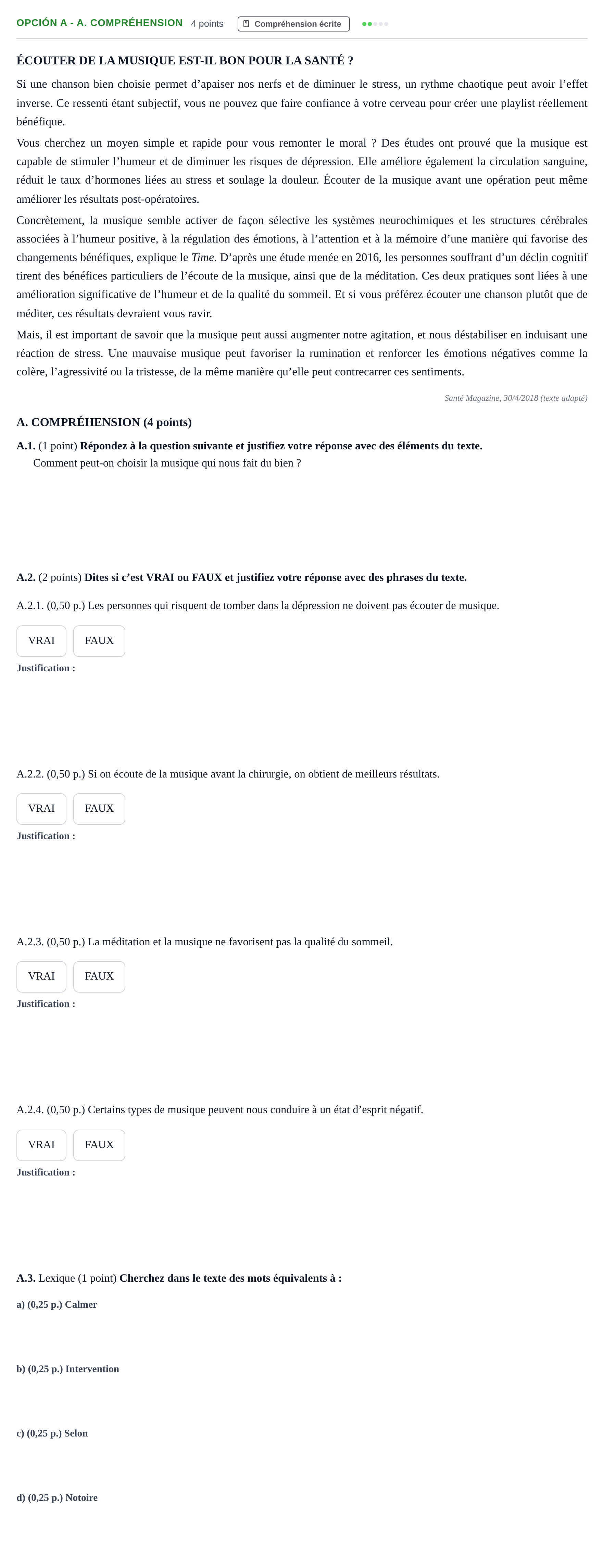 Enunciado: Opción A - A. Compréhension · Francés PAU Andalucía Ordinaria Suplente 2019