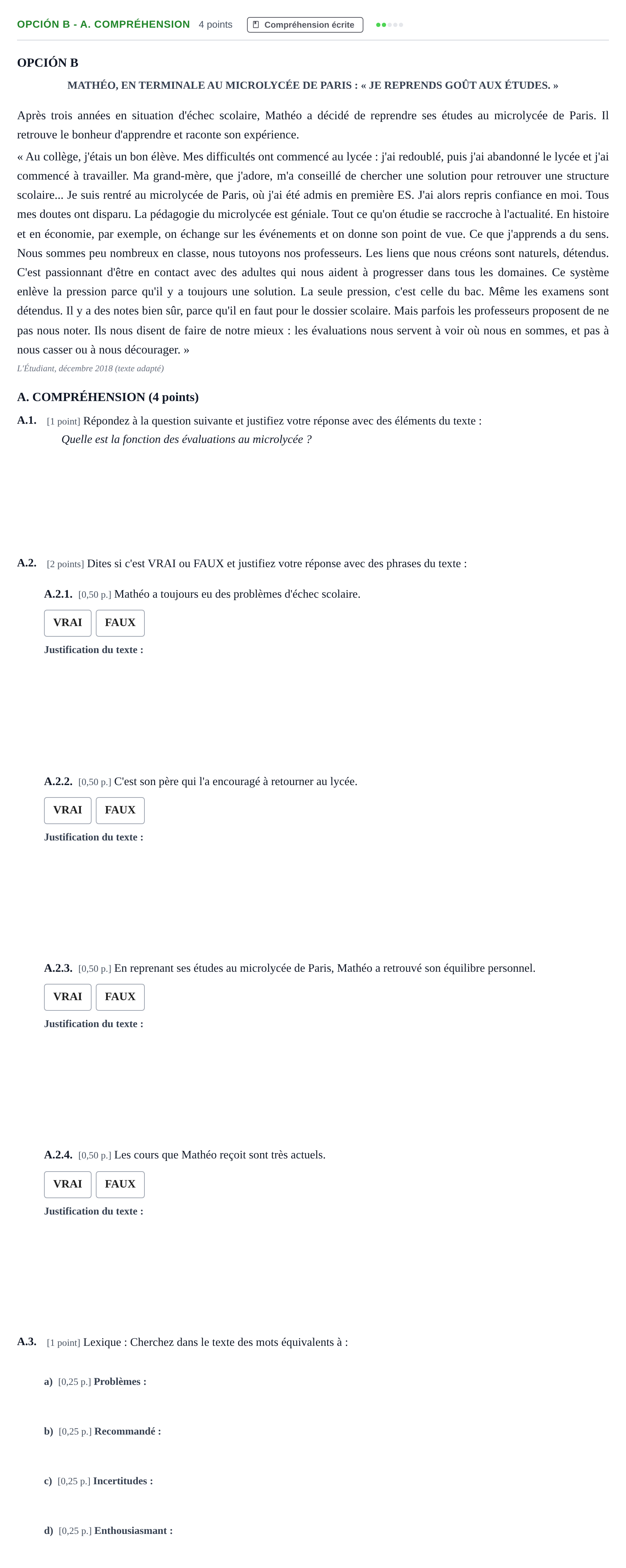Enunciado: Opción B - A. Compréhension · Francés PAU Andalucía Ordinaria Suplente 2019