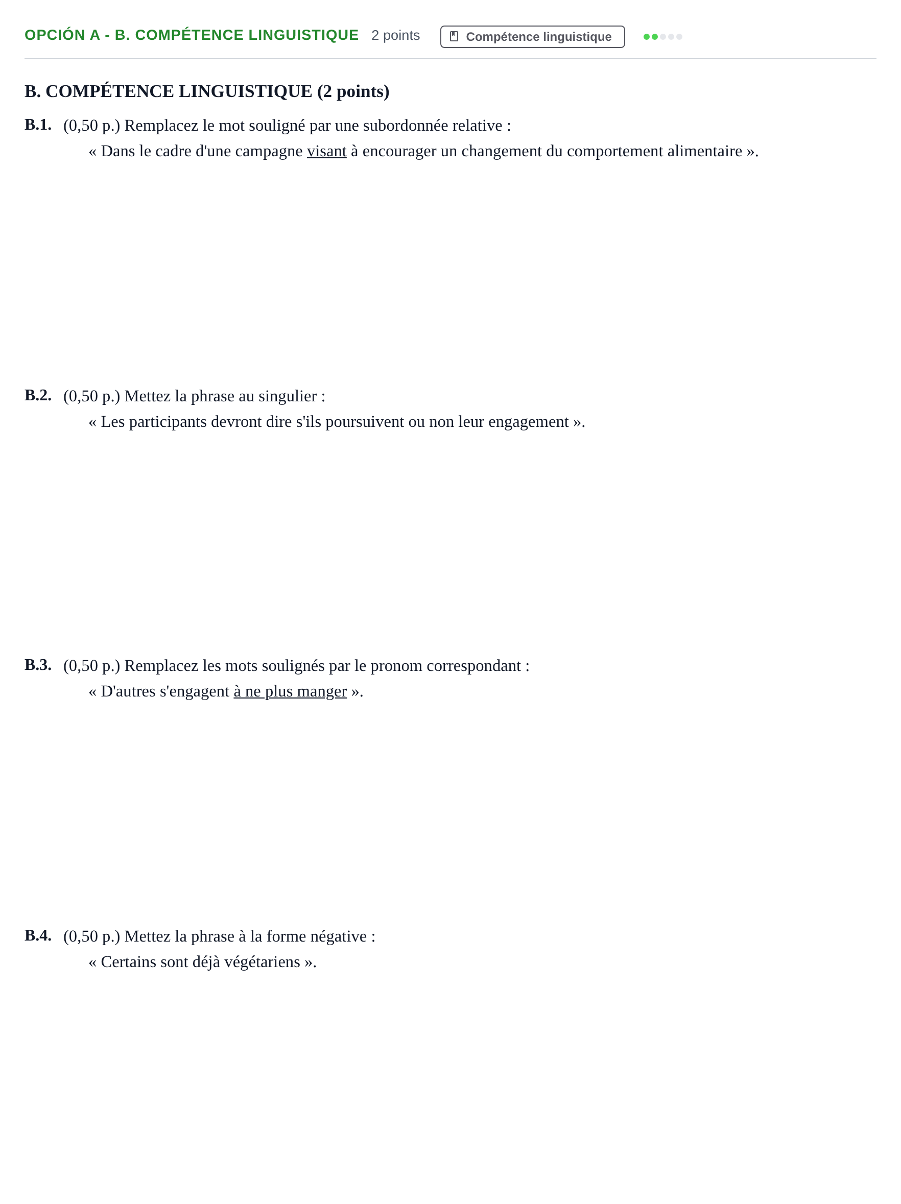 Enunciado: Opción A - B. Compétence linguistique · Francés PAU Andalucía Extraordinaria Suplente 2019